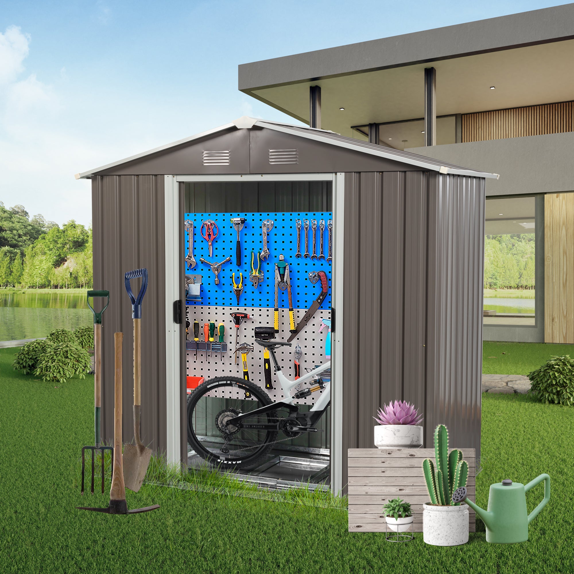 6 ft. W x 4 ft. D Outdoor Metal Storage Shed with Sliding Door (24 sq. ft.) BOWWCSTG01GR