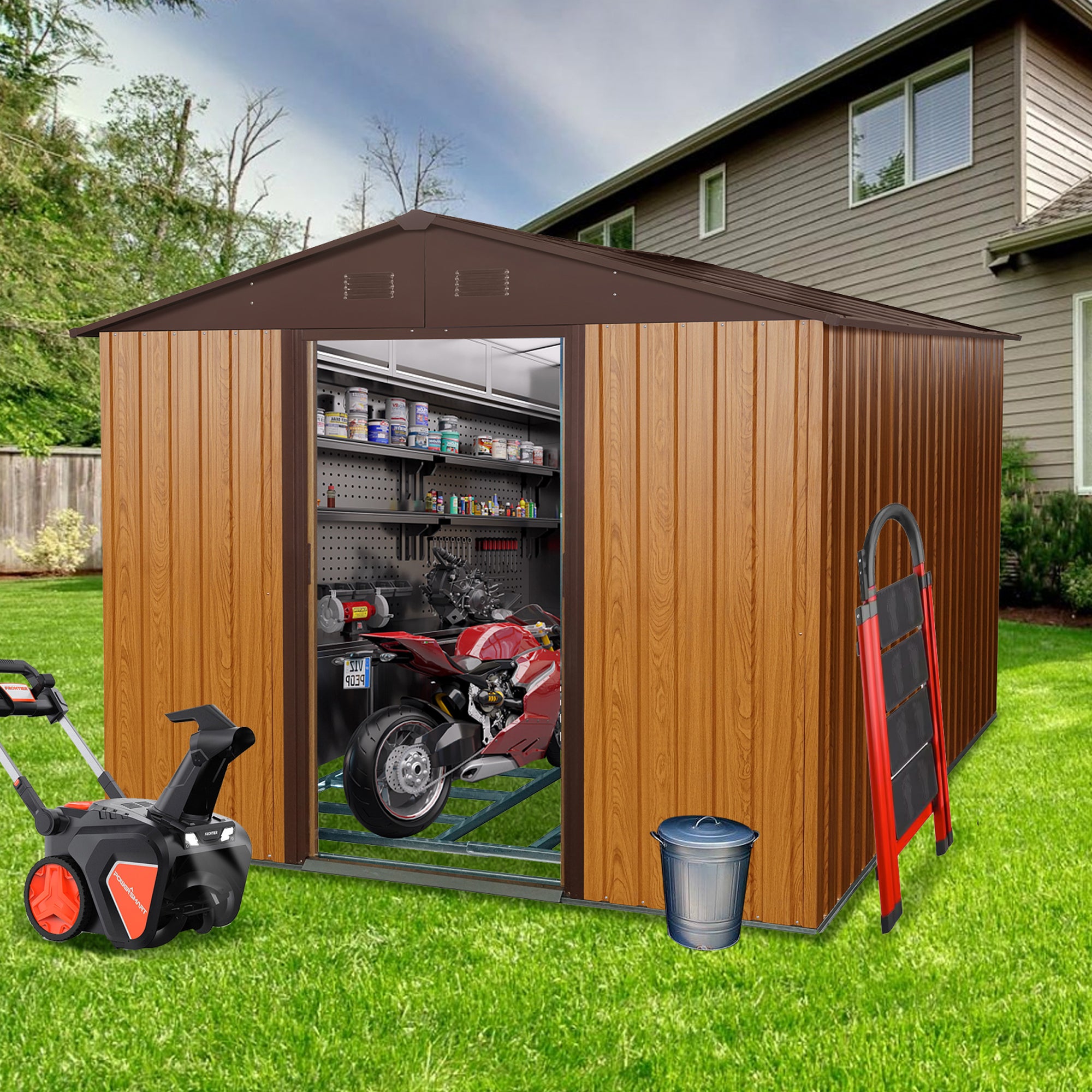 10 ft. x 8 ft. Outdoor Metal Storage Shed 80 sq. ft. in Coffee with Metal Floor Base