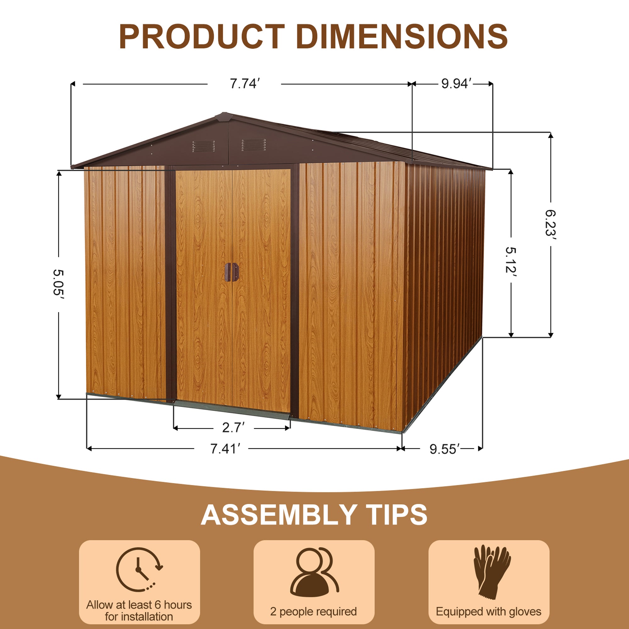 10 ft. x 8 ft. Outdoor Metal Storage Shed 80 sq. ft. in Coffee with Metal Floor Base