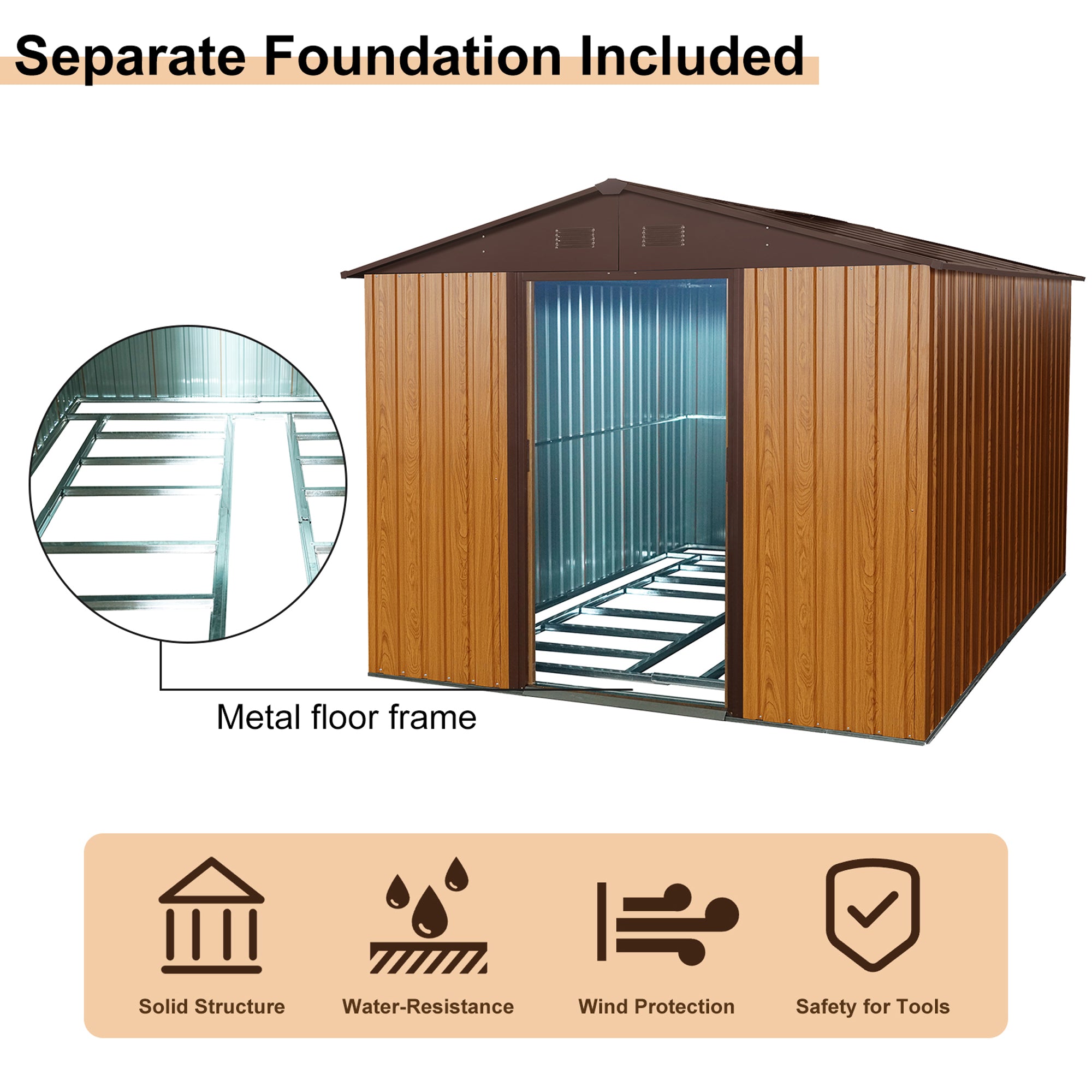 10 ft. x 8 ft. Outdoor Metal Storage Shed 80 sq. ft. in Coffee with Metal Floor Base