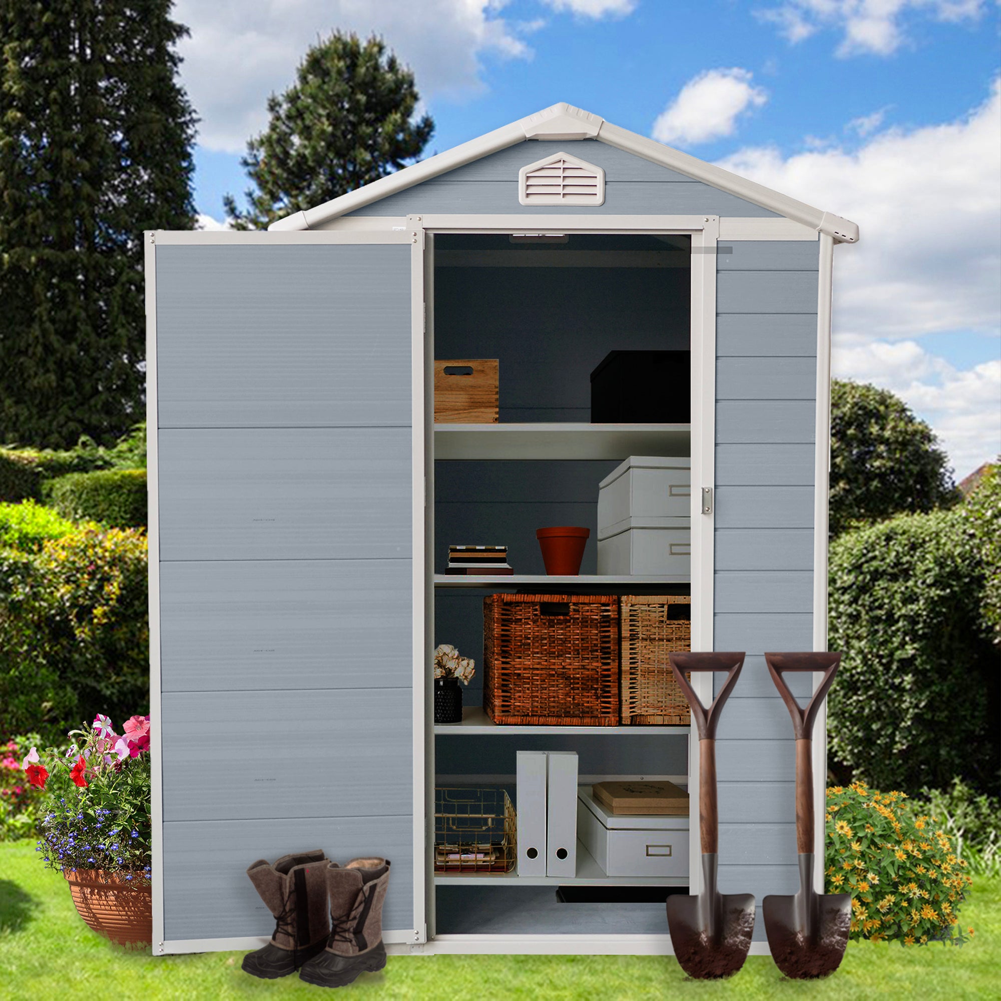 6 ft. x 4 ft. Resin Outdoor Storage Shed 24 sq. ft. in Grey with Kit-Perfect to Store Patio Furniture
