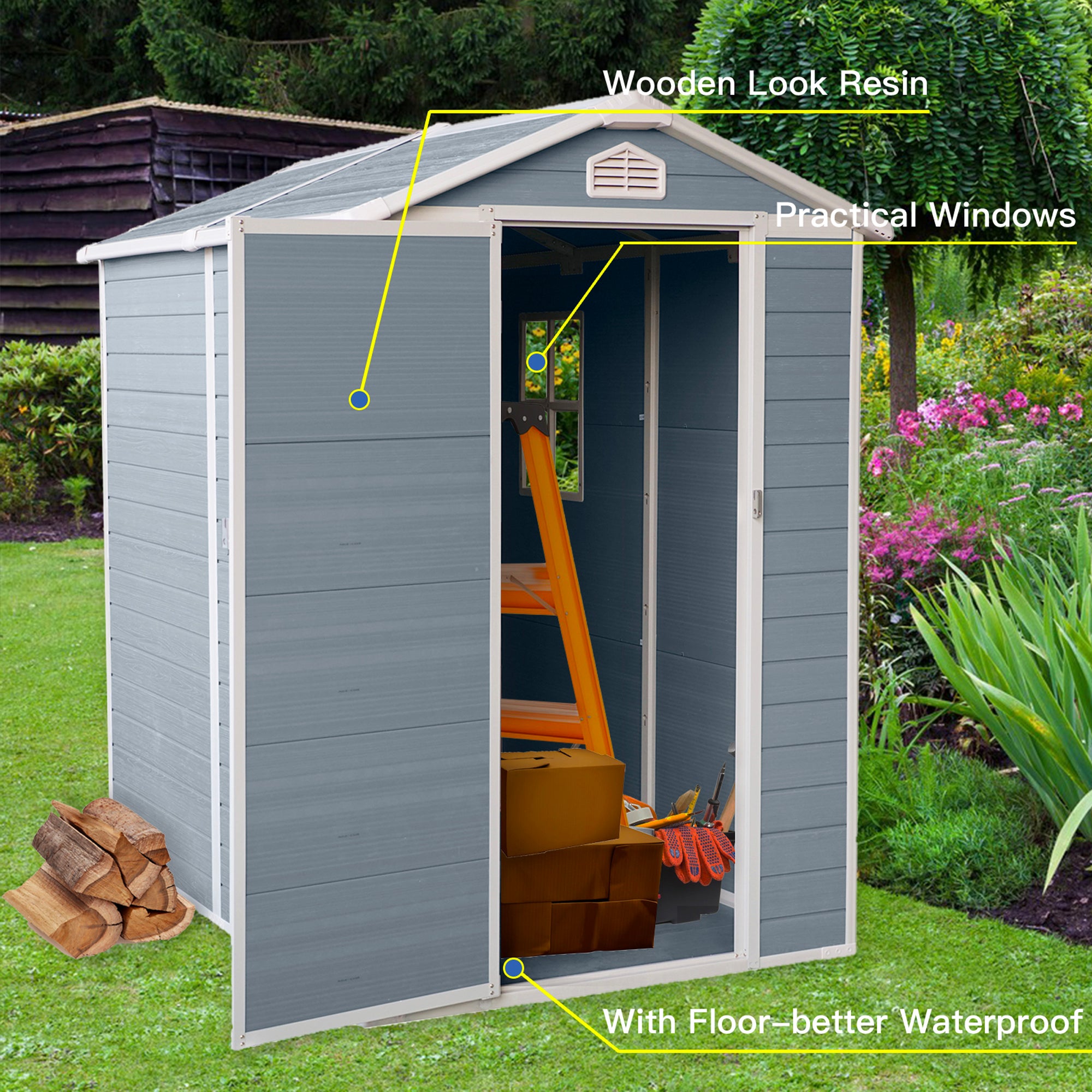 6 ft. x 4 ft. Resin Outdoor Storage Shed 24 sq. ft. in Grey with Kit-Perfect to Store Patio Furniture