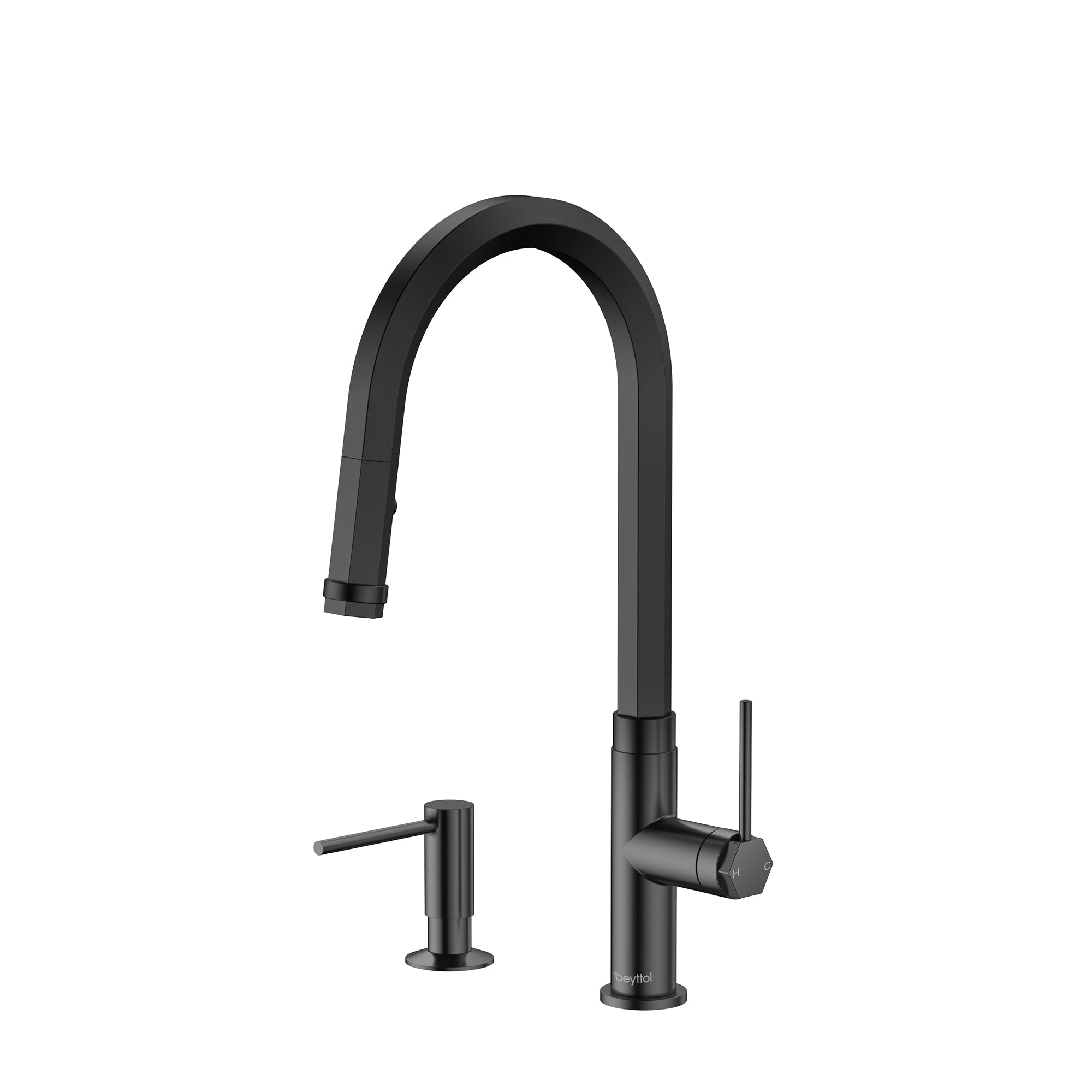 Single Handle Deck Mounted High Arc Brass Kitchen Faucet with Soap Dispenser