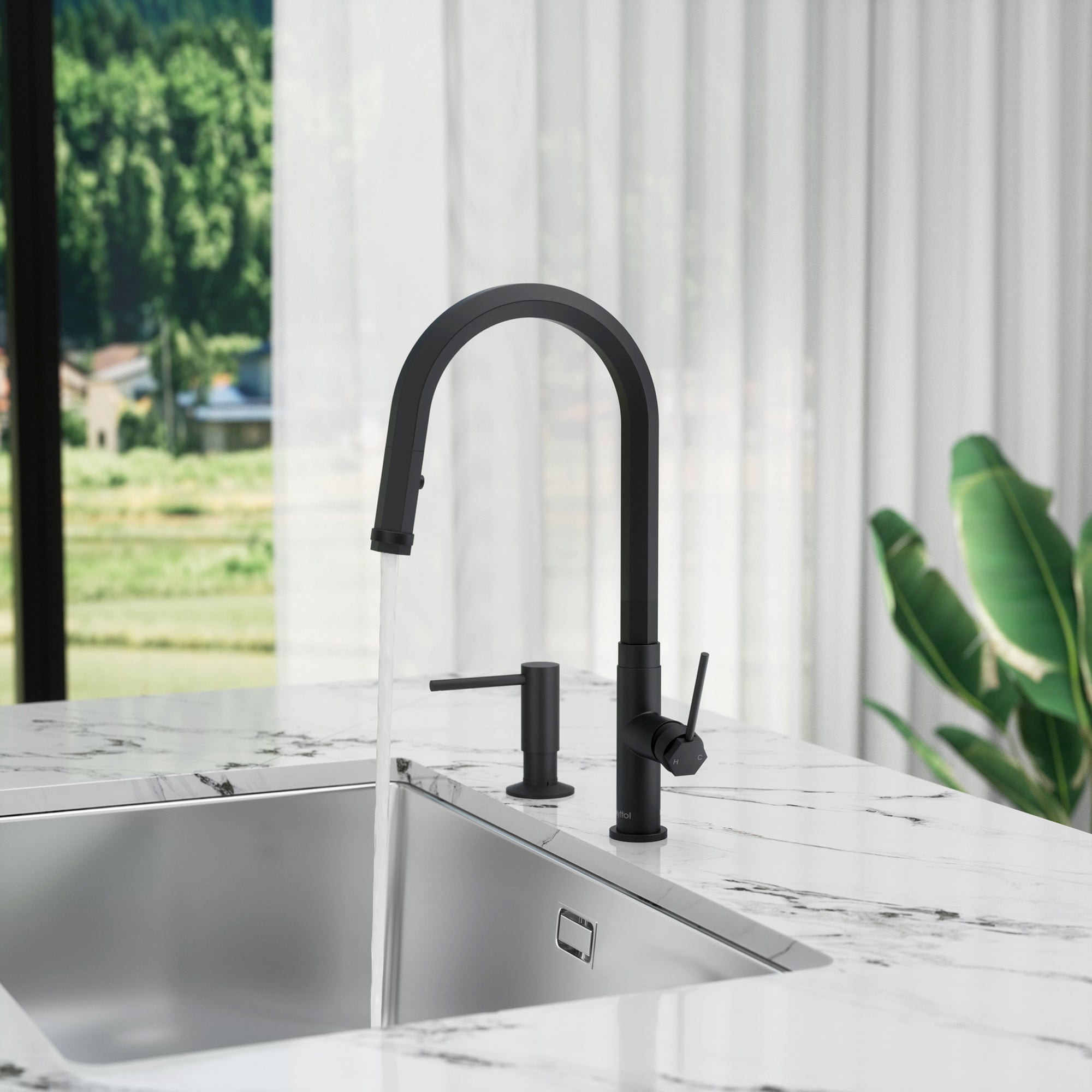 Single Handle Deck Mounted High Arc Brass Kitchen Faucet with Soap Dispenser
