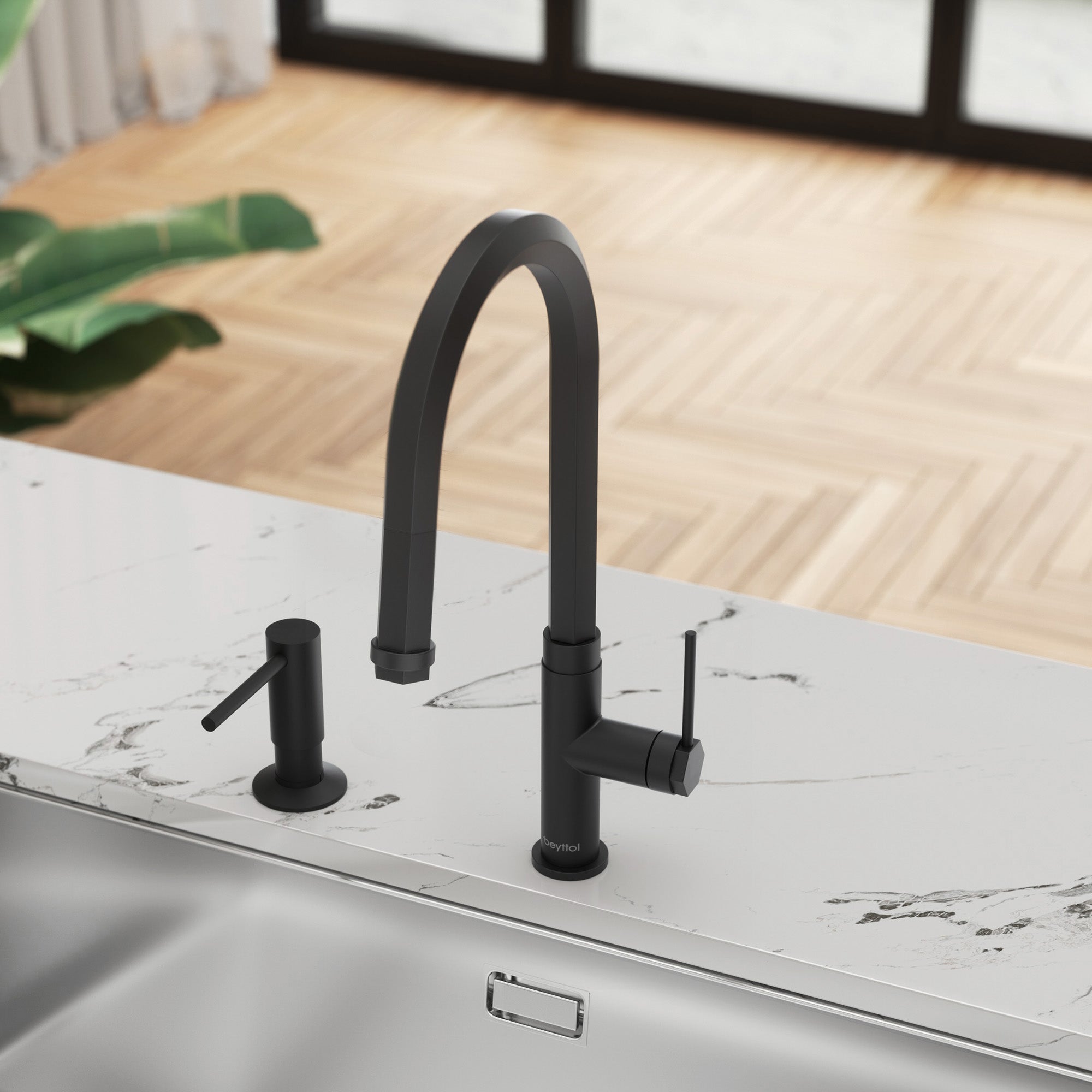 Single Handle Deck Mounted High Arc Brass Kitchen Faucet with Soap Dispenser