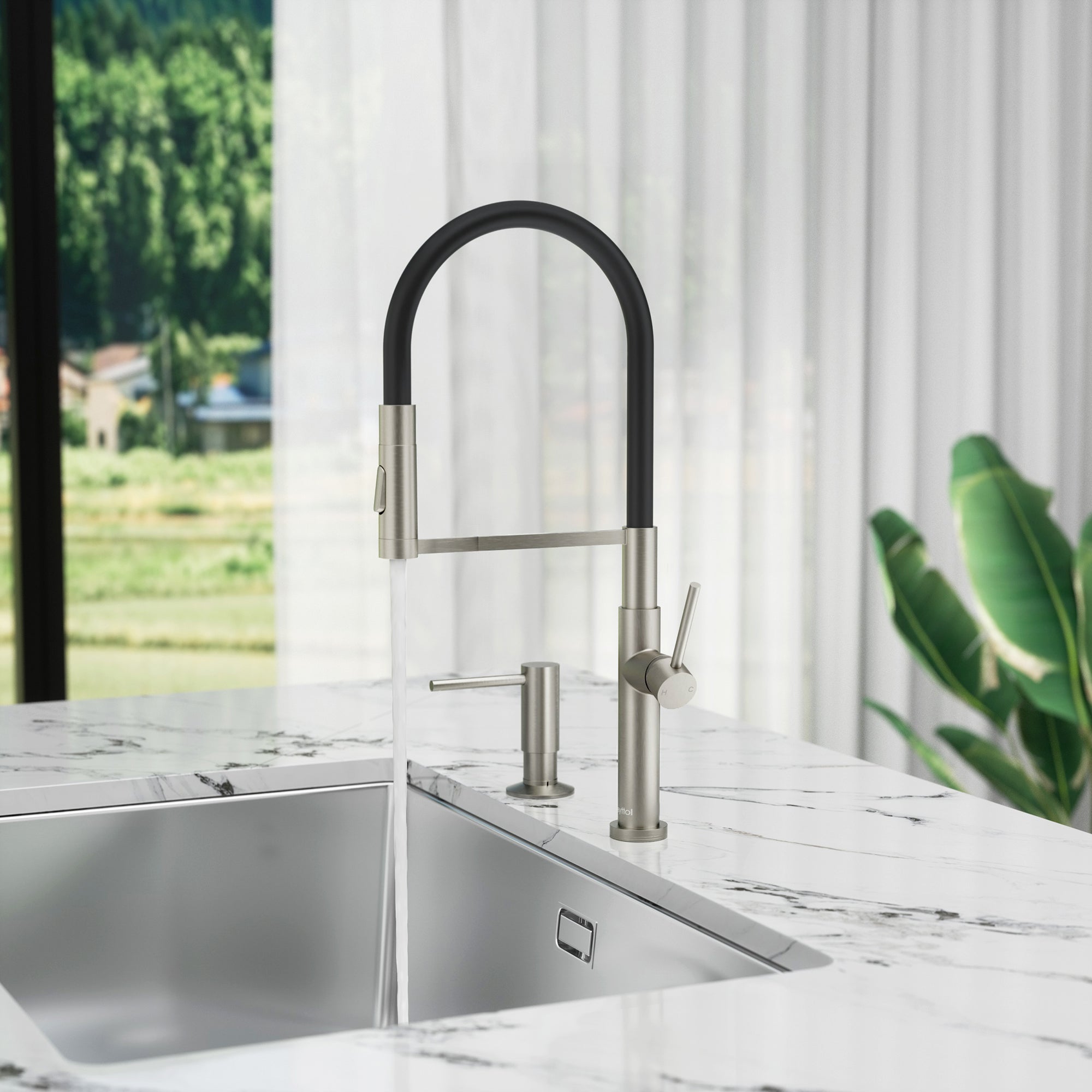 Single Handle Deck Mounted High Arc Brass Kitchen Faucet with Soap Dispenser