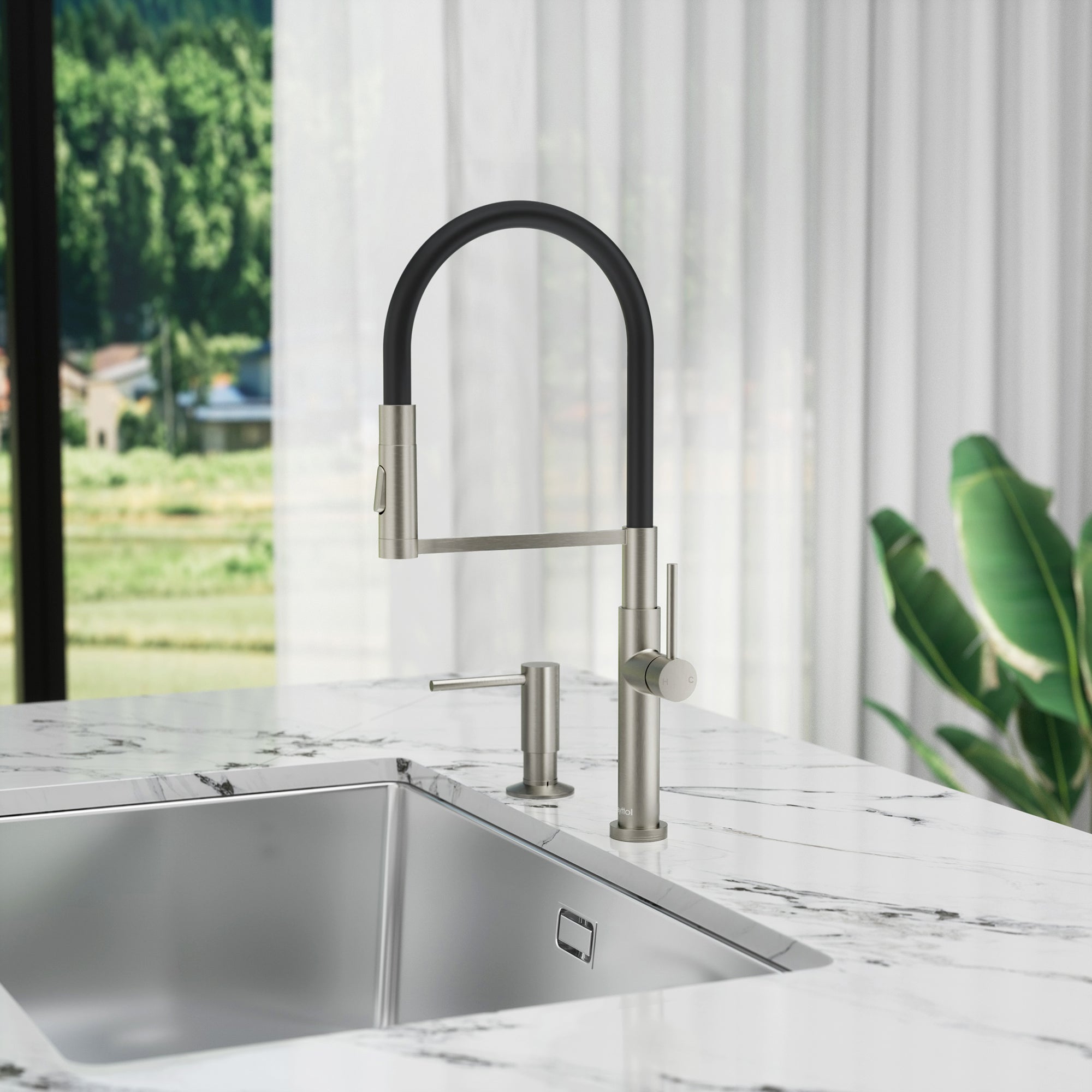 Single Handle Deck Mounted High Arc Brass Kitchen Faucet with Soap Dispenser