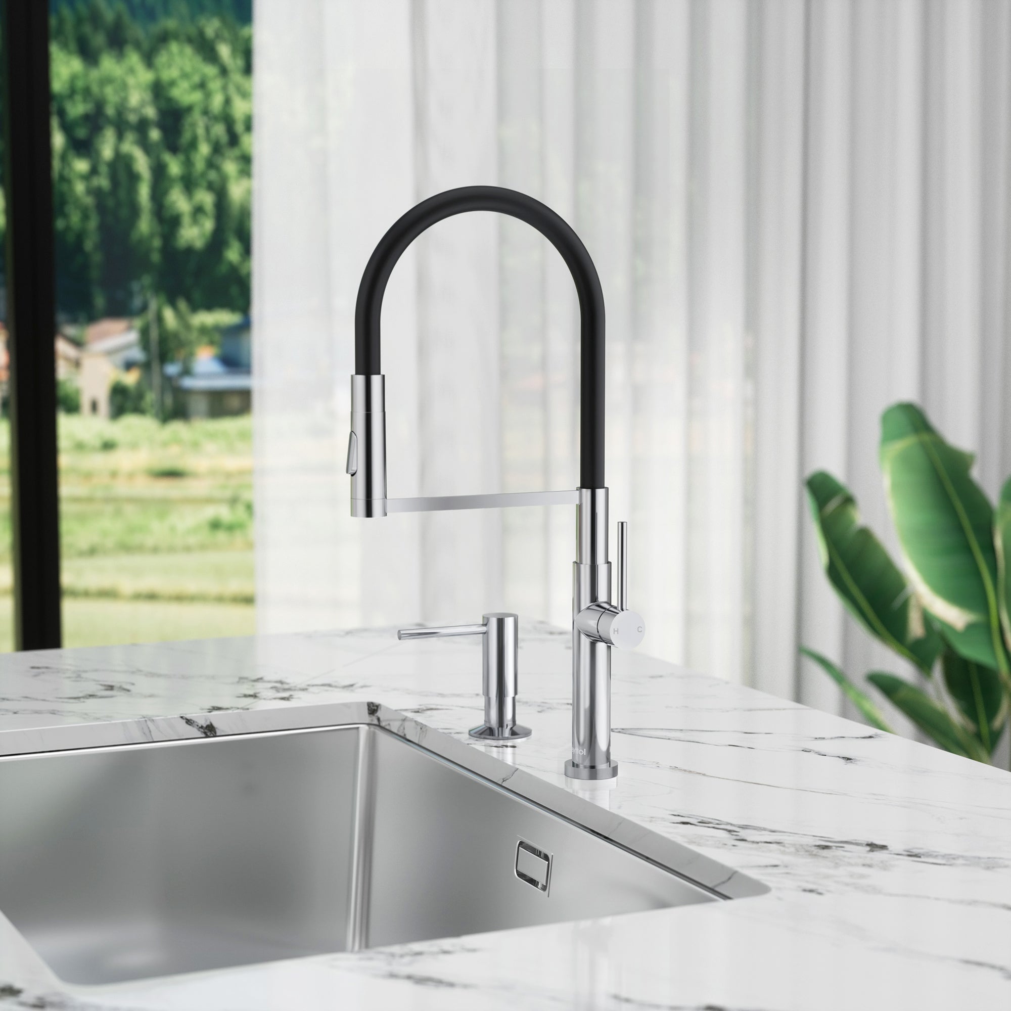 Single Handle Deck Mounted High Arc Brass Kitchen Faucet with Soap Dispenser