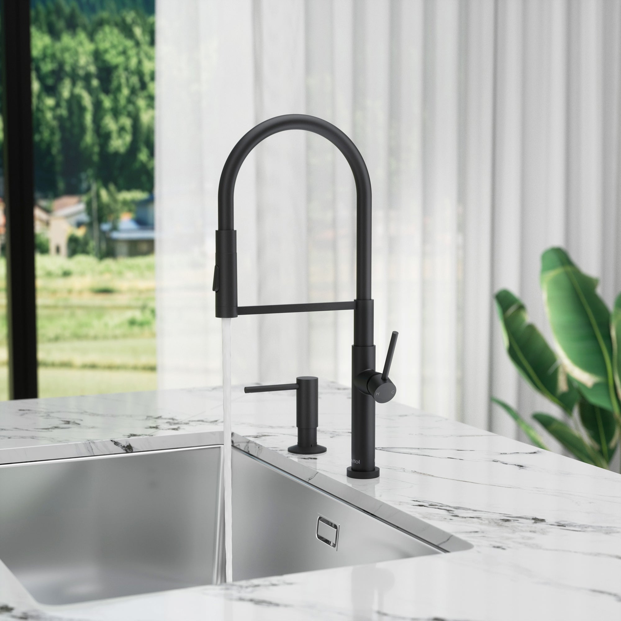 Single Handle Deck Mounted High Arc Brass Kitchen Faucet with Soap Dispenser