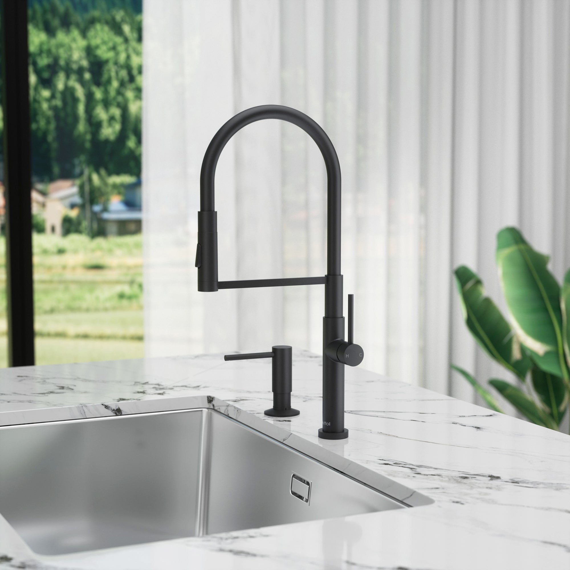 Single Handle Deck Mounted High Arc Brass Kitchen Faucet with Soap Dispenser