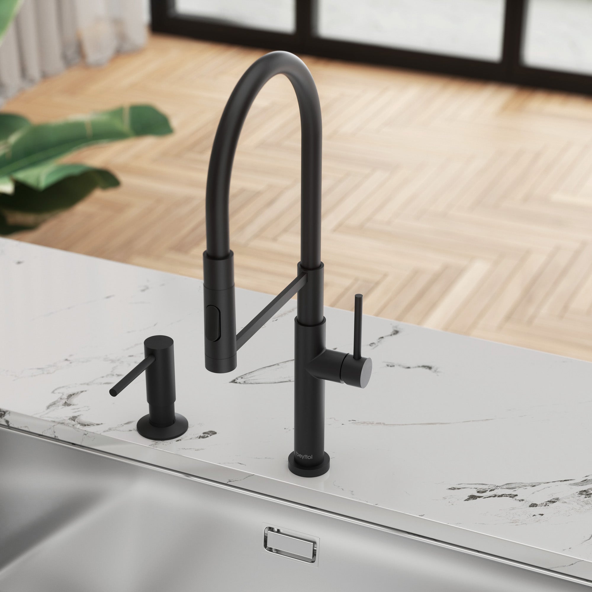 Single Handle Deck Mounted High Arc Brass Kitchen Faucet with Soap Dispenser