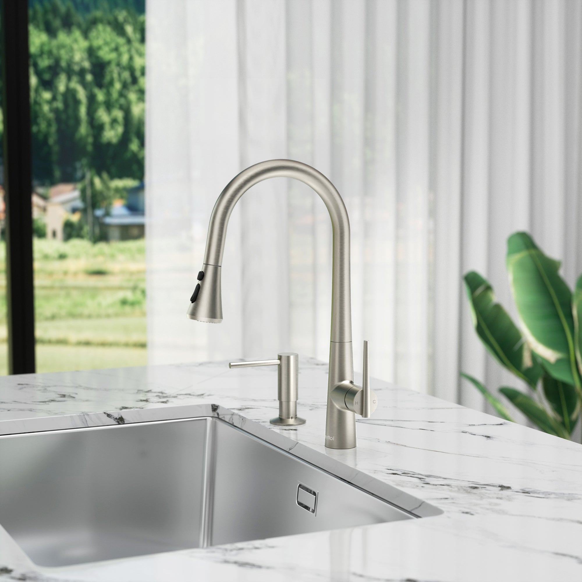 Single Handle Deck Mounted High Arc Brass Kitchen Faucet with Soap Dispenser