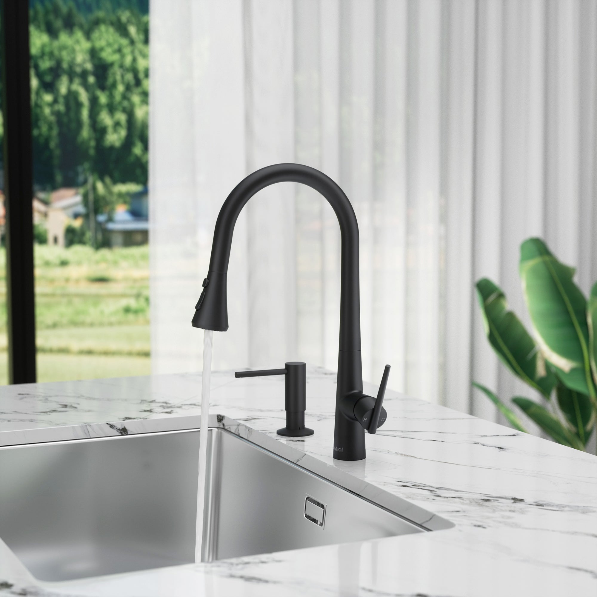 Single Handle Deck Mounted High Arc Brass Kitchen Faucet with Soap Dispenser