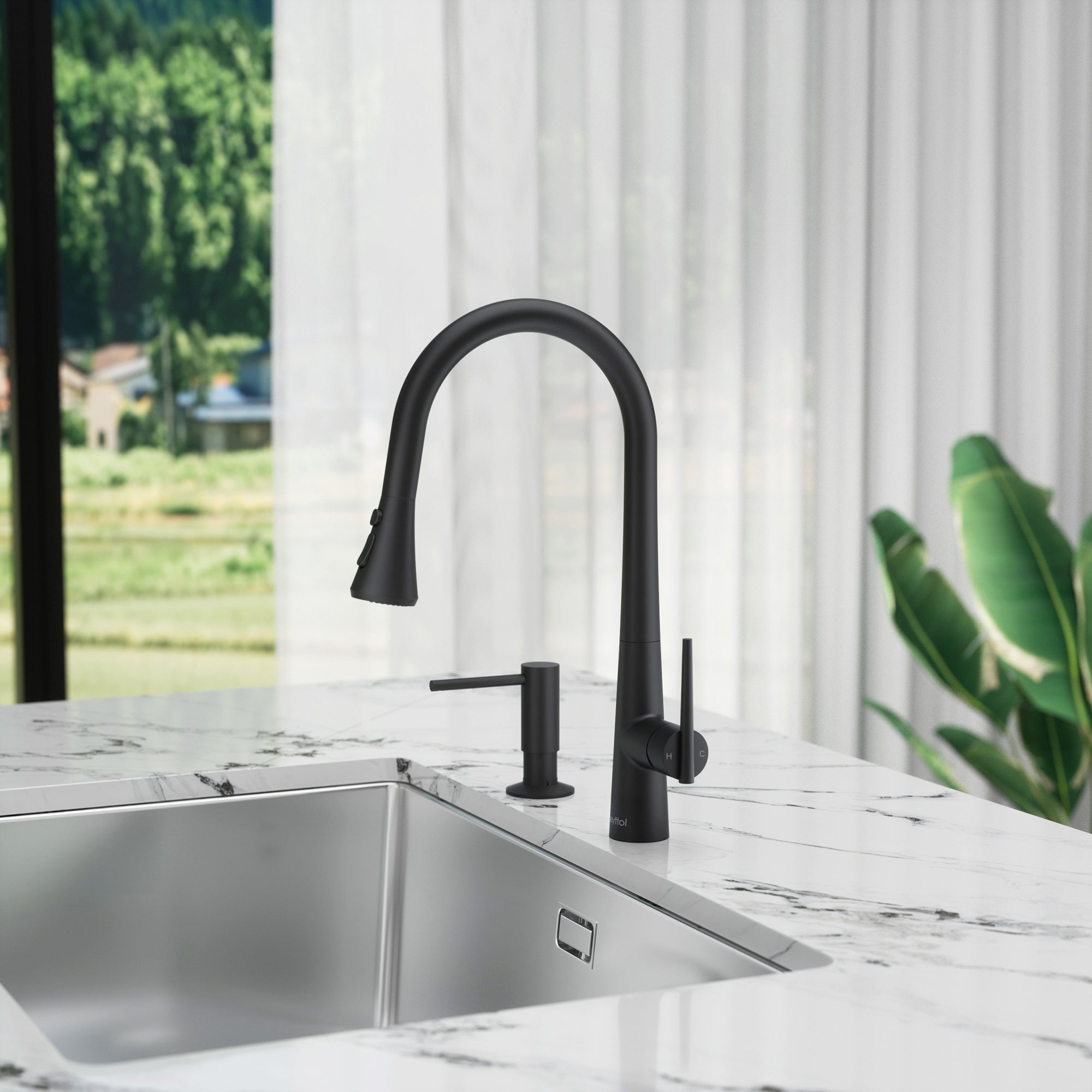 Single Handle Deck Mounted High Arc Brass Kitchen Faucet with Soap Dispenser
