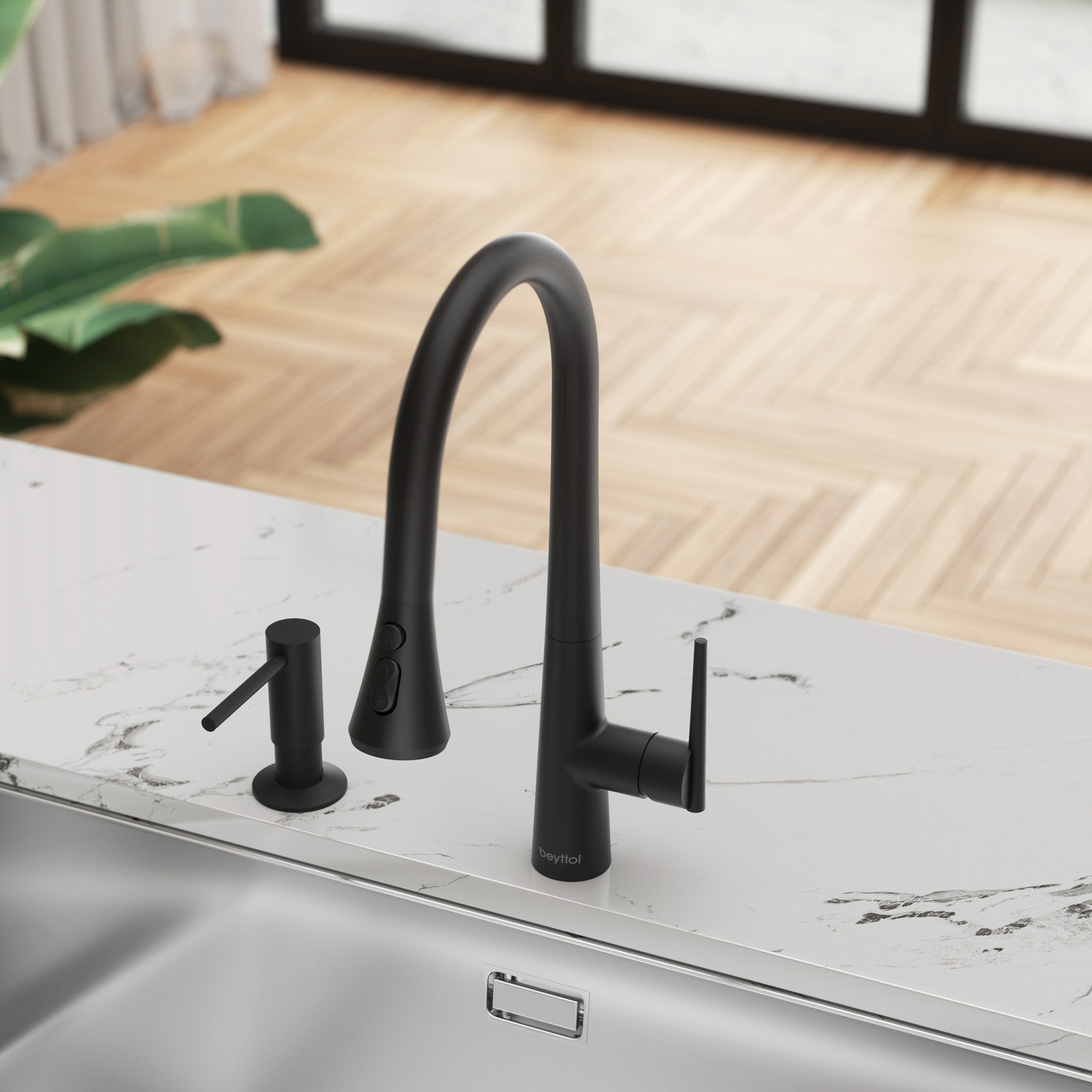 Single Handle Deck Mounted High Arc Brass Kitchen Faucet with Soap Dispenser