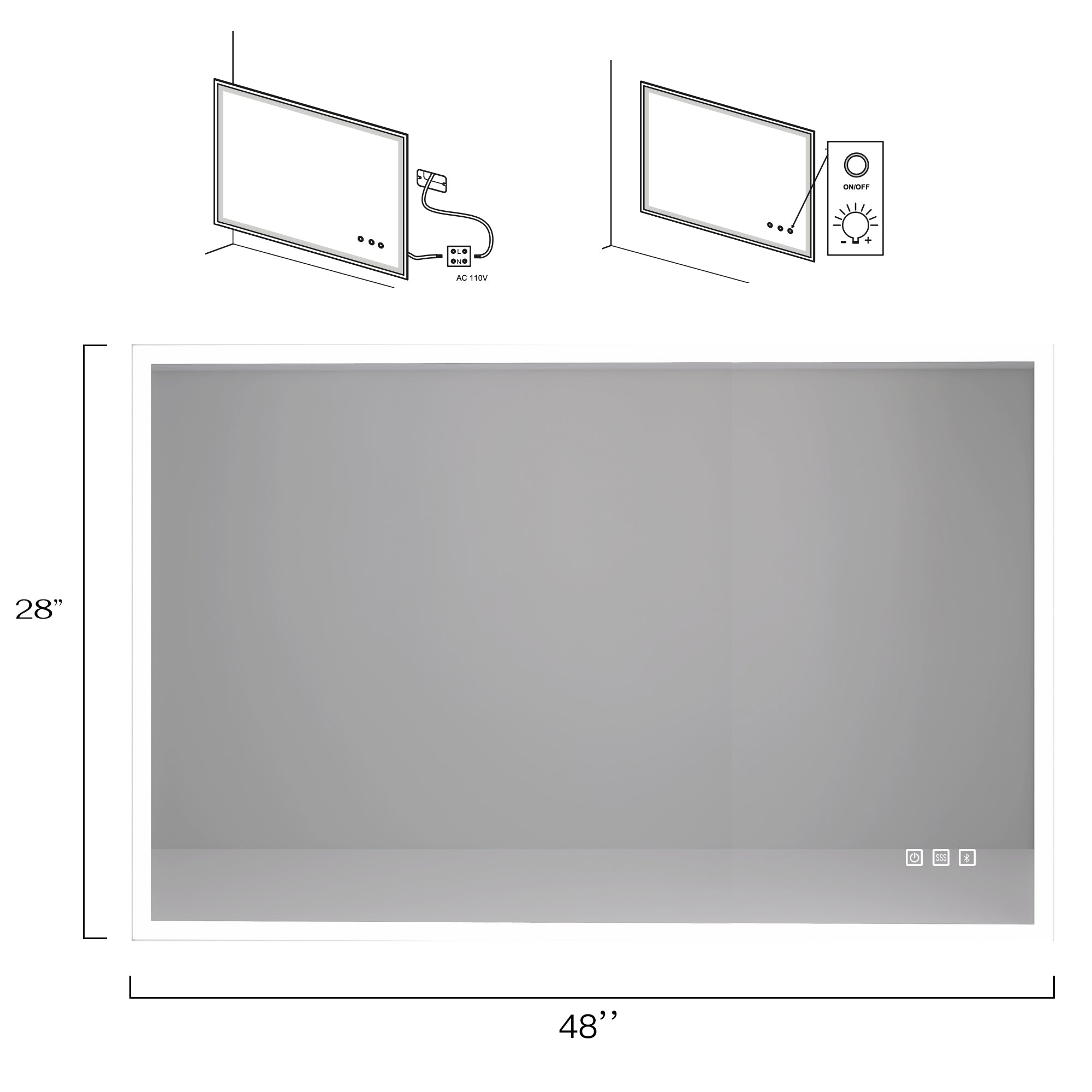 28X48 Rectangular Frameless Anti-Fog Wall Mounted Dimmable LED Bathroom Vanity Mirror