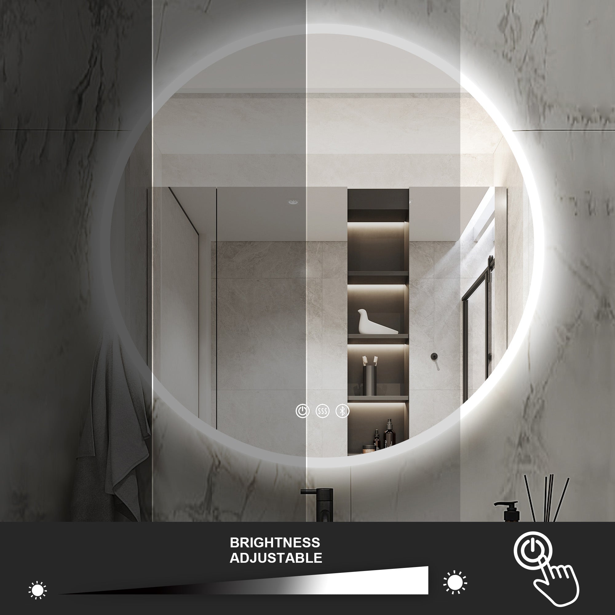 Round Frameless Anti-Fog Multi-functional Wall-Mount LED Bathroom Vanity Mirror