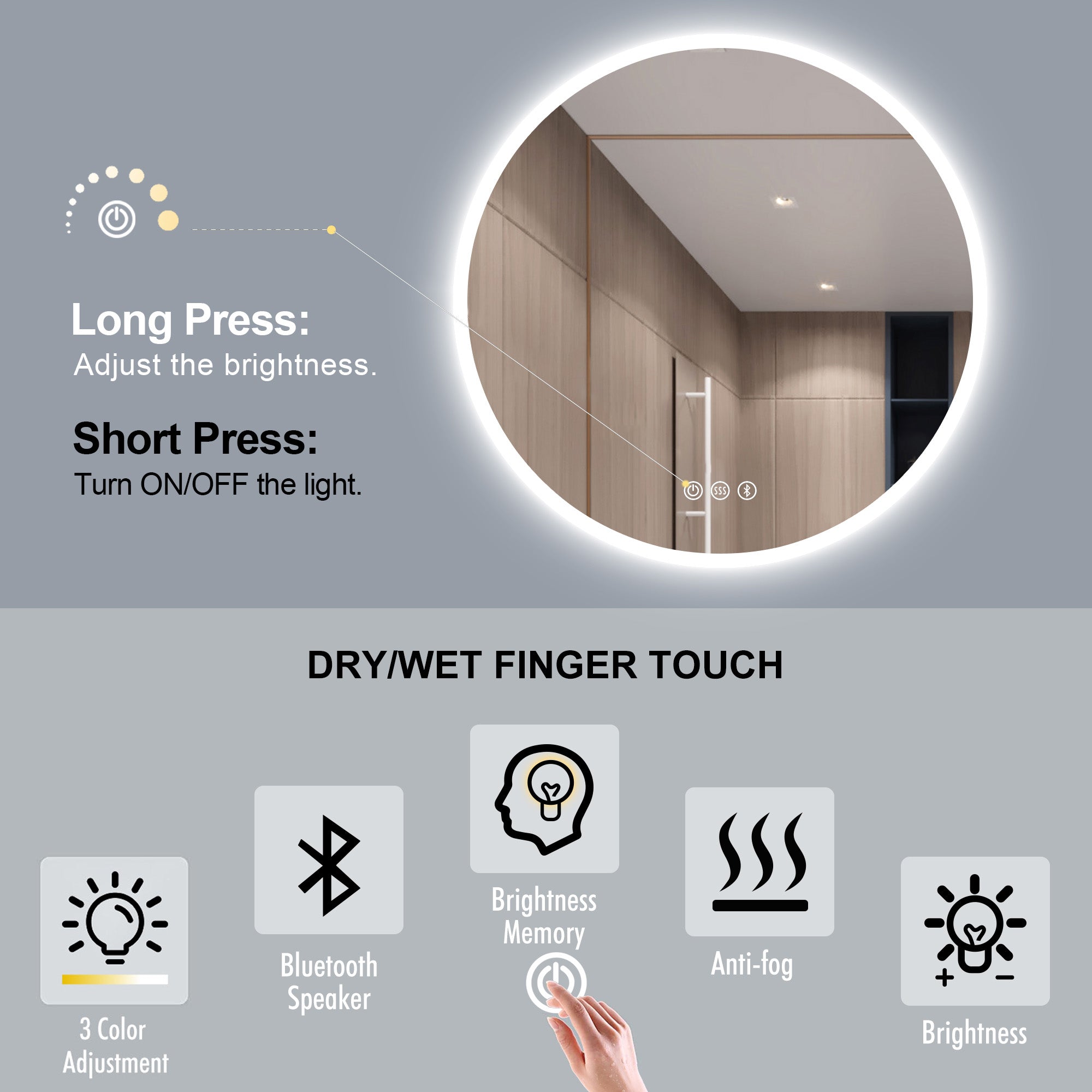 Round Frameless Anti-Fog Multi-functional Wall-Mount LED Bathroom Vanity Mirror