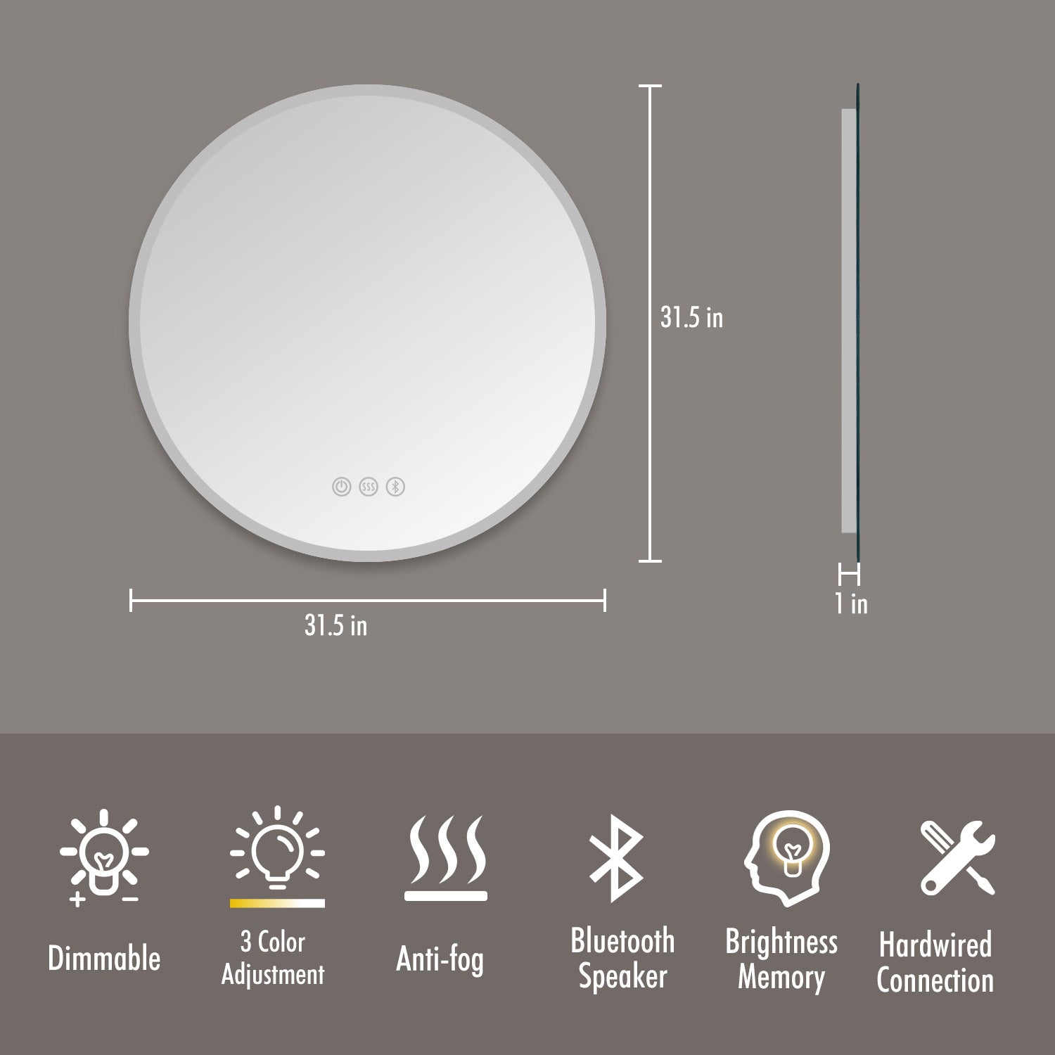 Round Frameless Anti-Fog Multi-functional Wall-Mount LED Bathroom Vanity Mirror