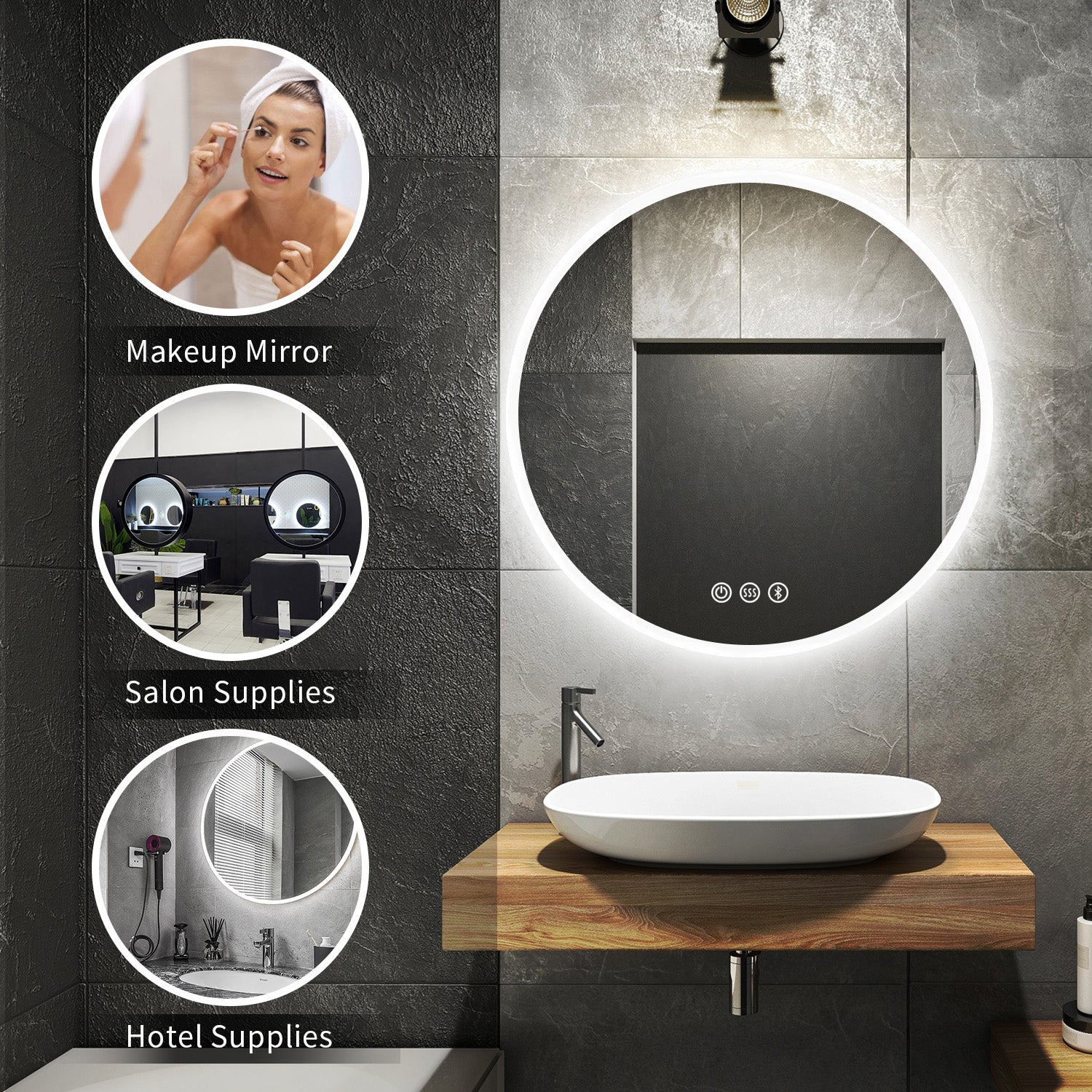 Round Frameless Anti-Fog Multi-functional Wall-Mount LED Bathroom Vanity Mirror