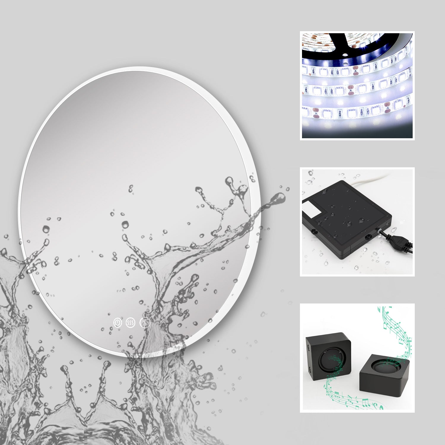 Round Frameless Anti-Fog Multi-functional Wall-Mount LED Bathroom Vanity Mirror