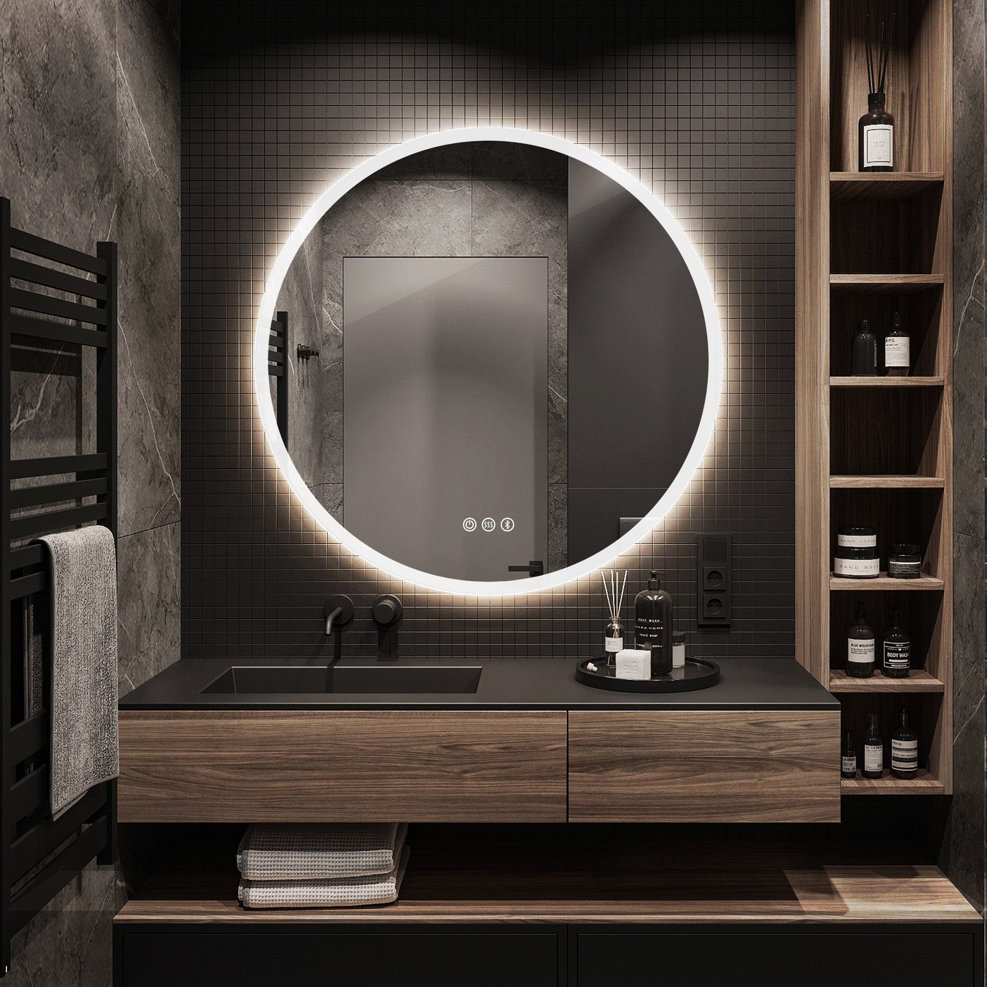 Round Frameless Anti-Fog Multi-functional Wall-Mount LED Bathroom Vanity Mirror