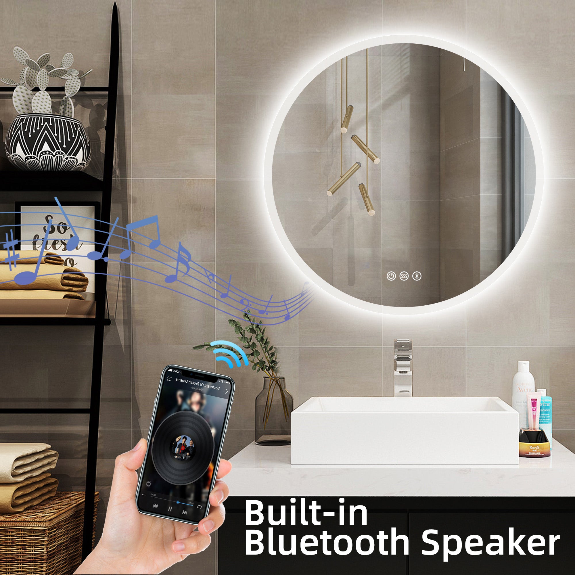 Round Frameless Anti-Fog Multi-functional Wall-Mount LED Bathroom Vanity Mirror