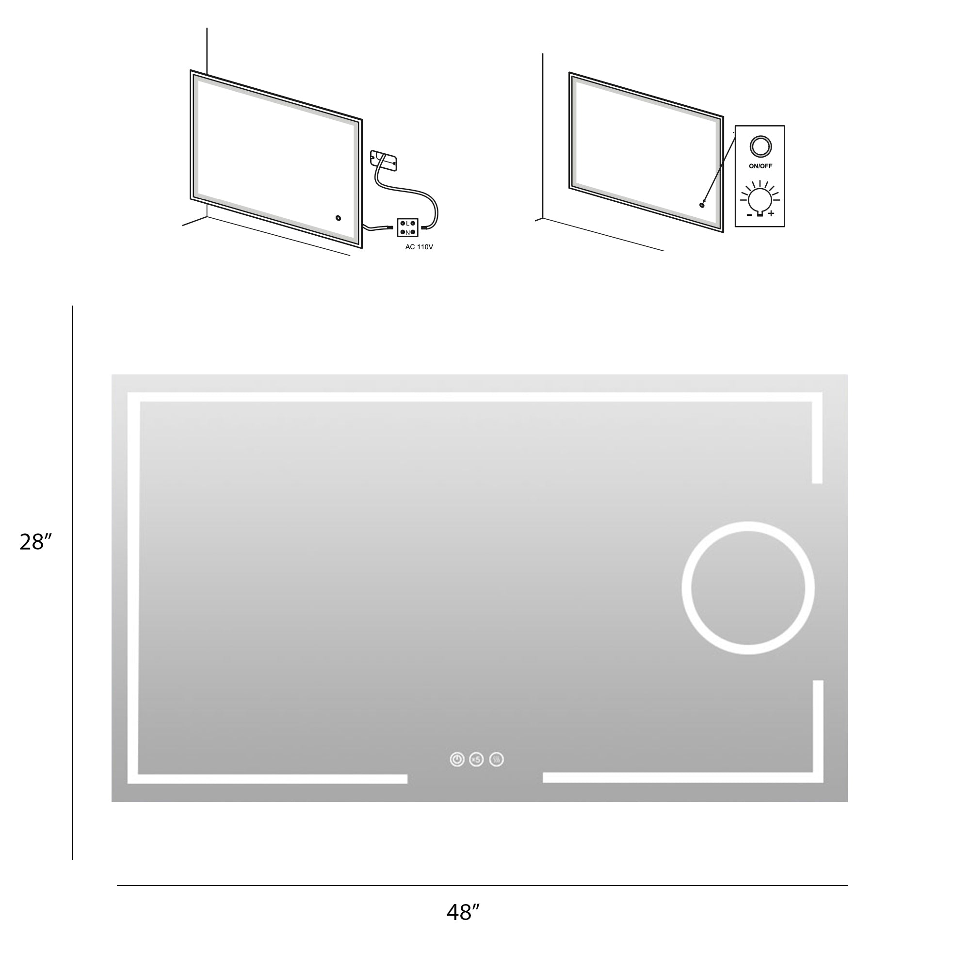 48" x 28" Large Rectangular Frameless Multi-functional Wall-Mount LED Bathroom Vanity Mirror