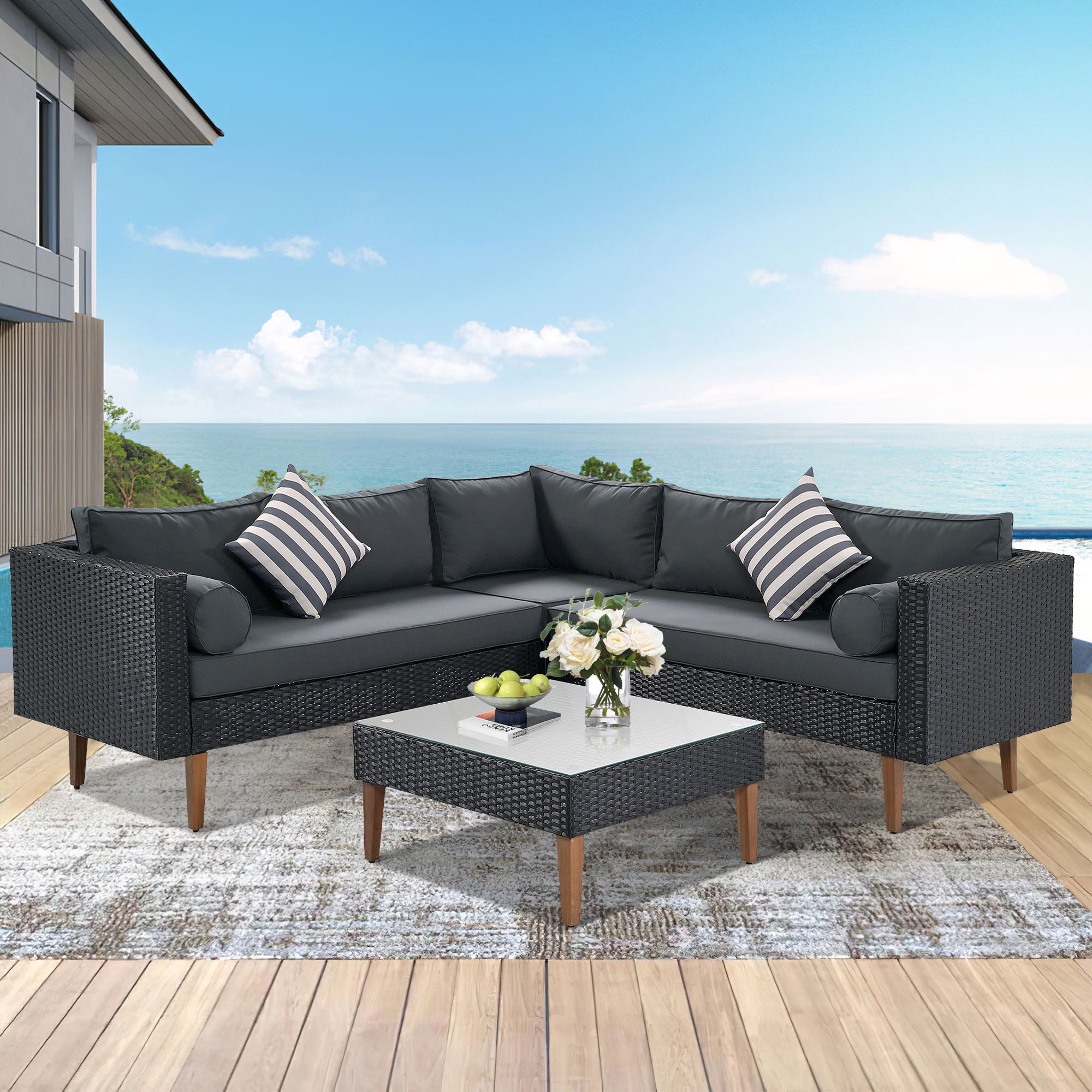 4 Pieces Outdoor Wicker Reversible Patio Sofa with cushions,Table and Colorful Pillows