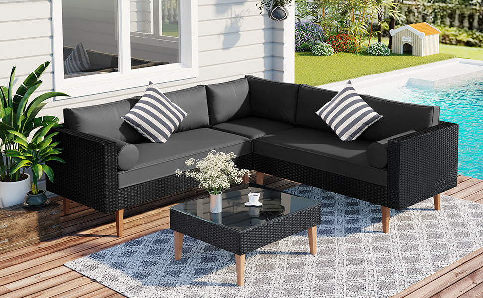 4 Pieces Outdoor Wicker Reversible Patio Sofa with cushions,Table and Colorful Pillows
