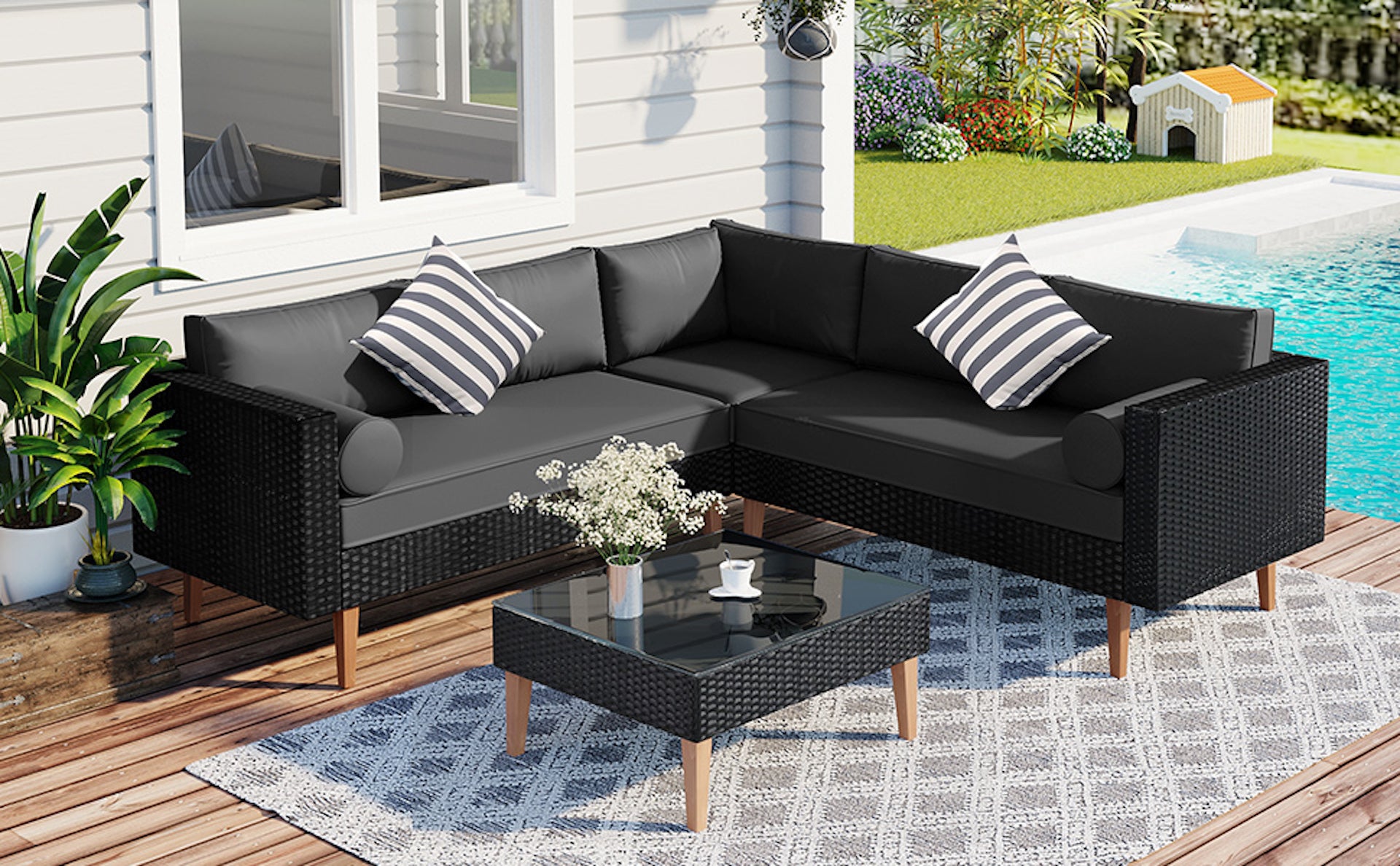 4 Pieces Outdoor Wicker Reversible Patio Sofa with cushions,Table and Colorful Pillows