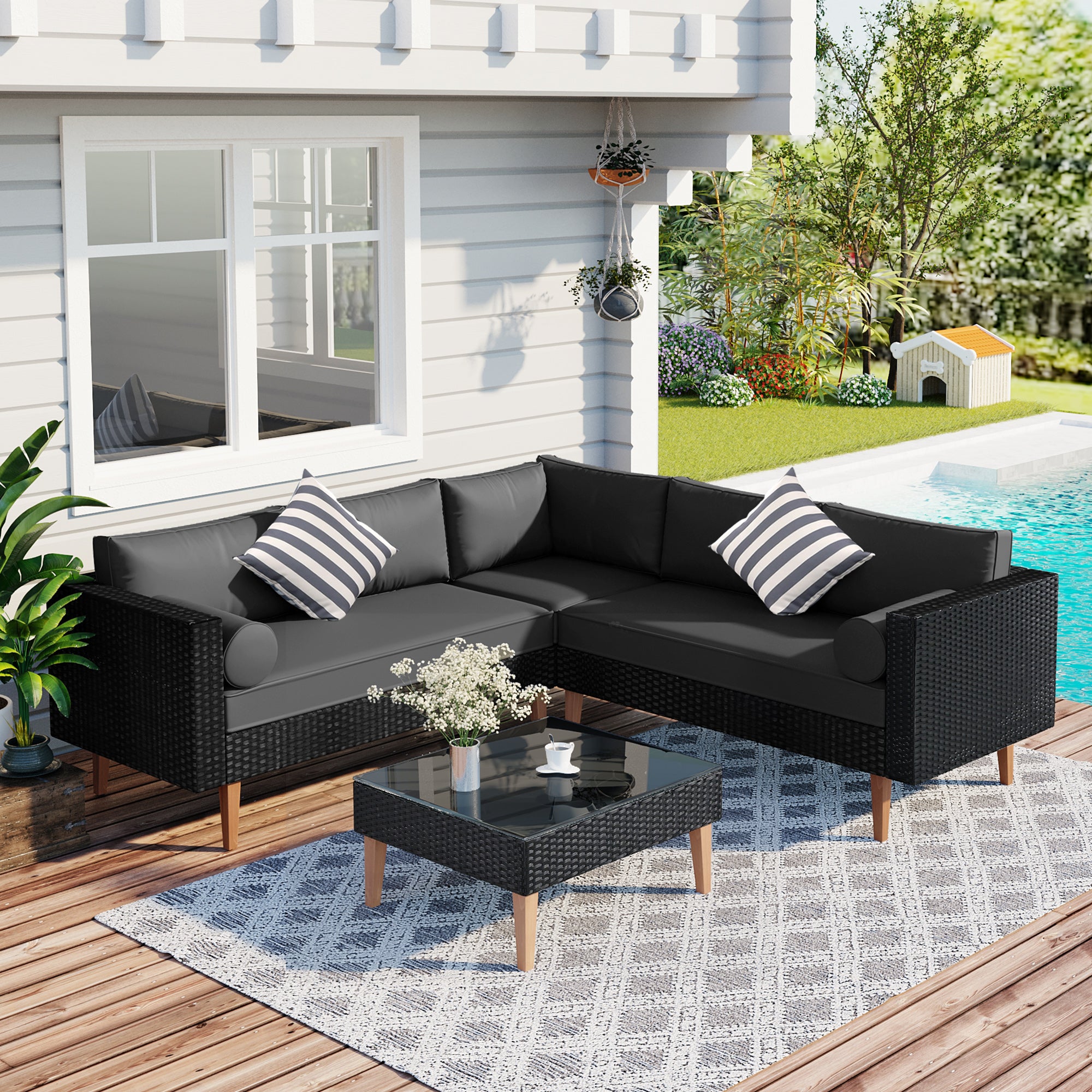 4 Pieces Outdoor Wicker Reversible Patio Sofa with cushions,Table and Colorful Pillows