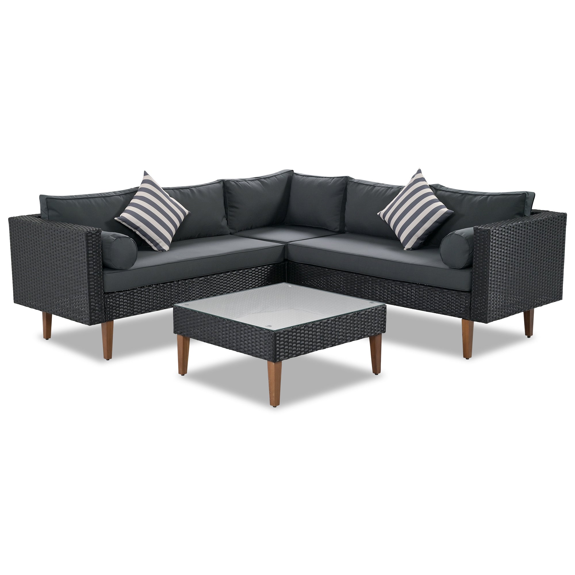 4 Pieces Outdoor Wicker Reversible Patio Sofa with cushions,Table and Colorful Pillows
