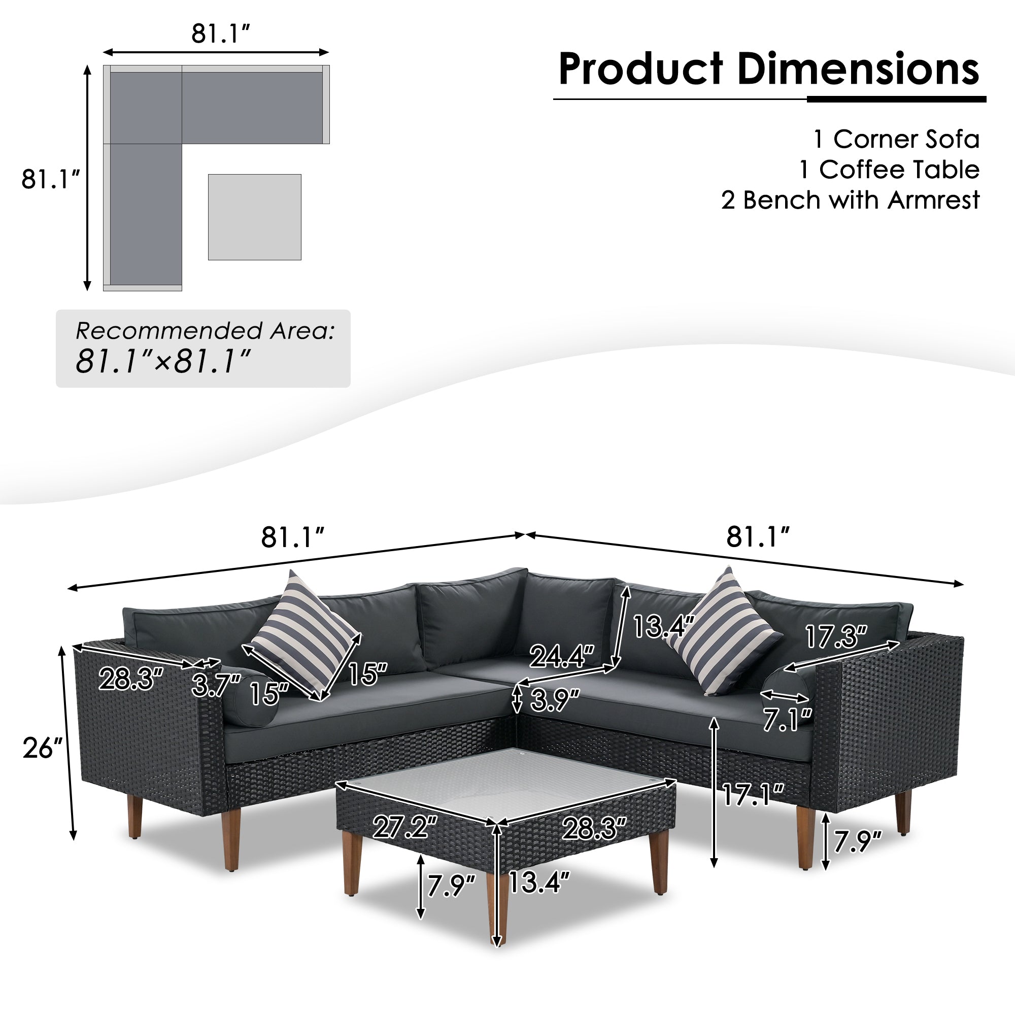 4 Pieces Outdoor Wicker Reversible Patio Sofa with cushions,Table and Colorful Pillows