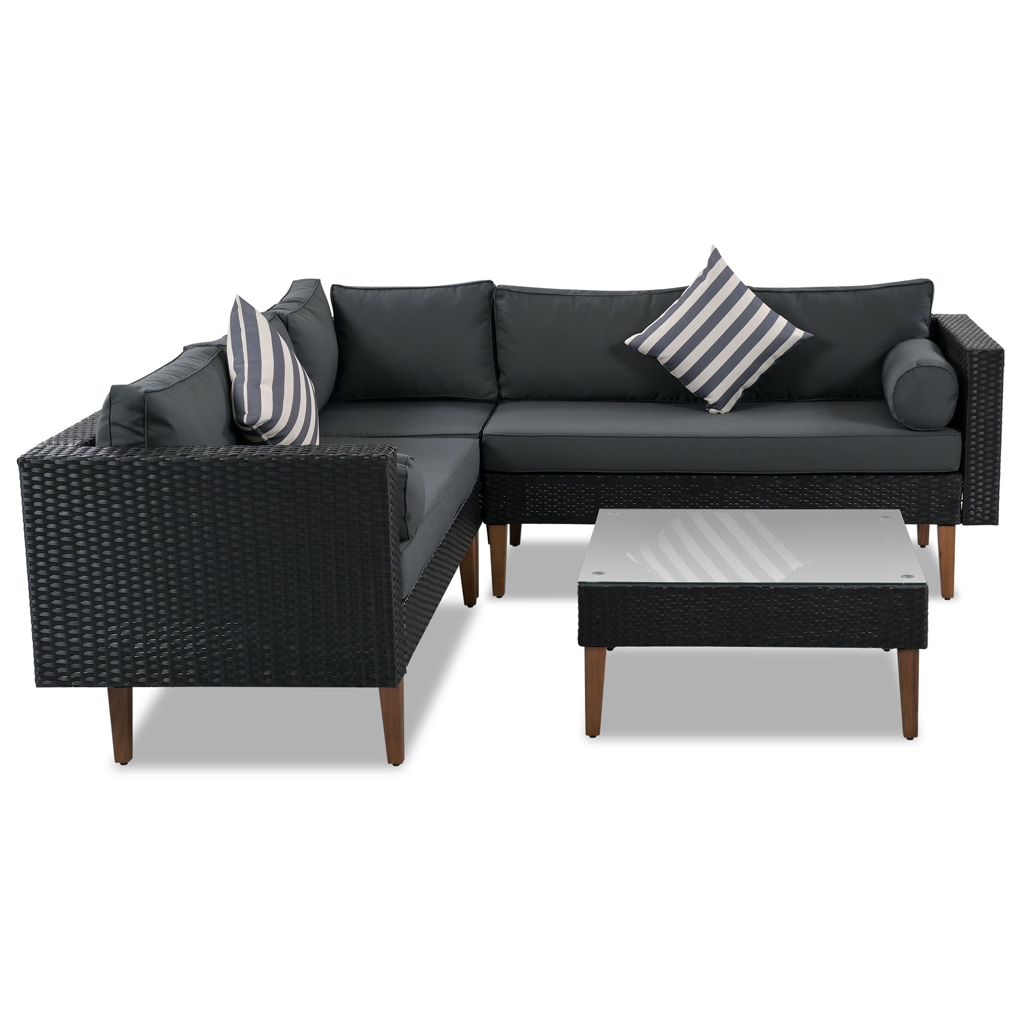 4 Pieces Outdoor Wicker Reversible Patio Sofa with cushions,Table and Colorful Pillows