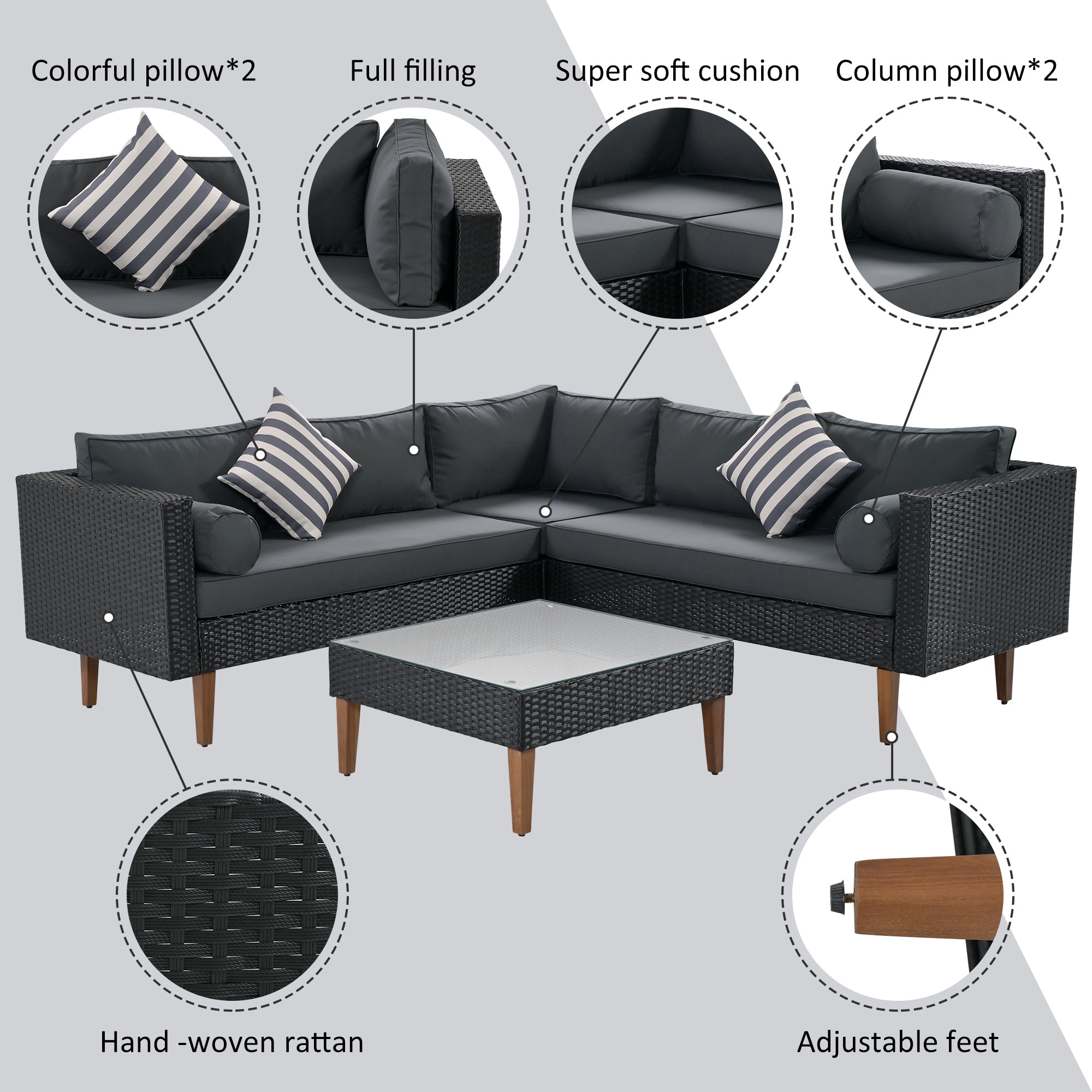 4 Pieces Outdoor Wicker Reversible Patio Sofa with cushions,Table and Colorful Pillows