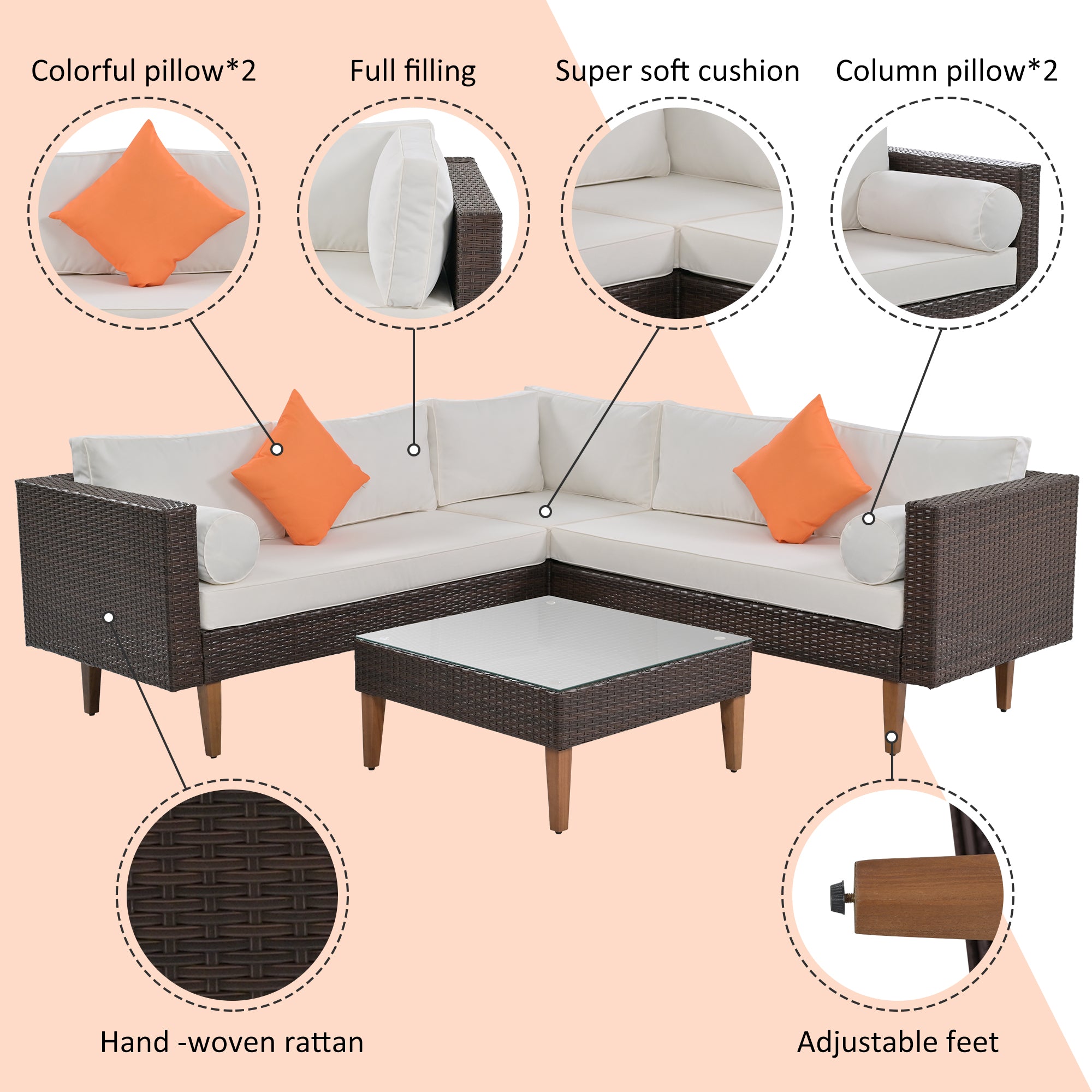 4 Pieces Outdoor Wicker Reversible Patio Sofa with cushions,Table and Colorful Pillows