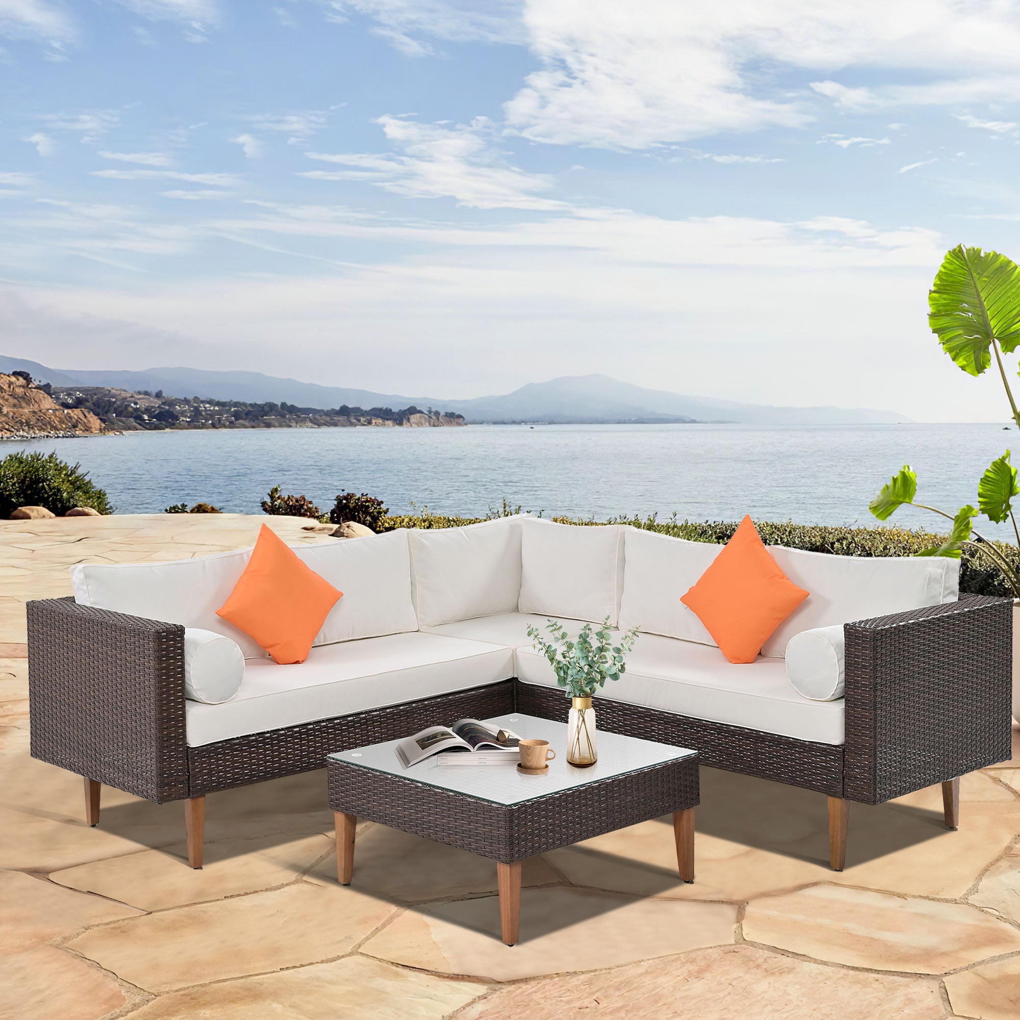 4 Pieces Outdoor Wicker Reversible Patio Sofa with cushions,Table and Colorful Pillows