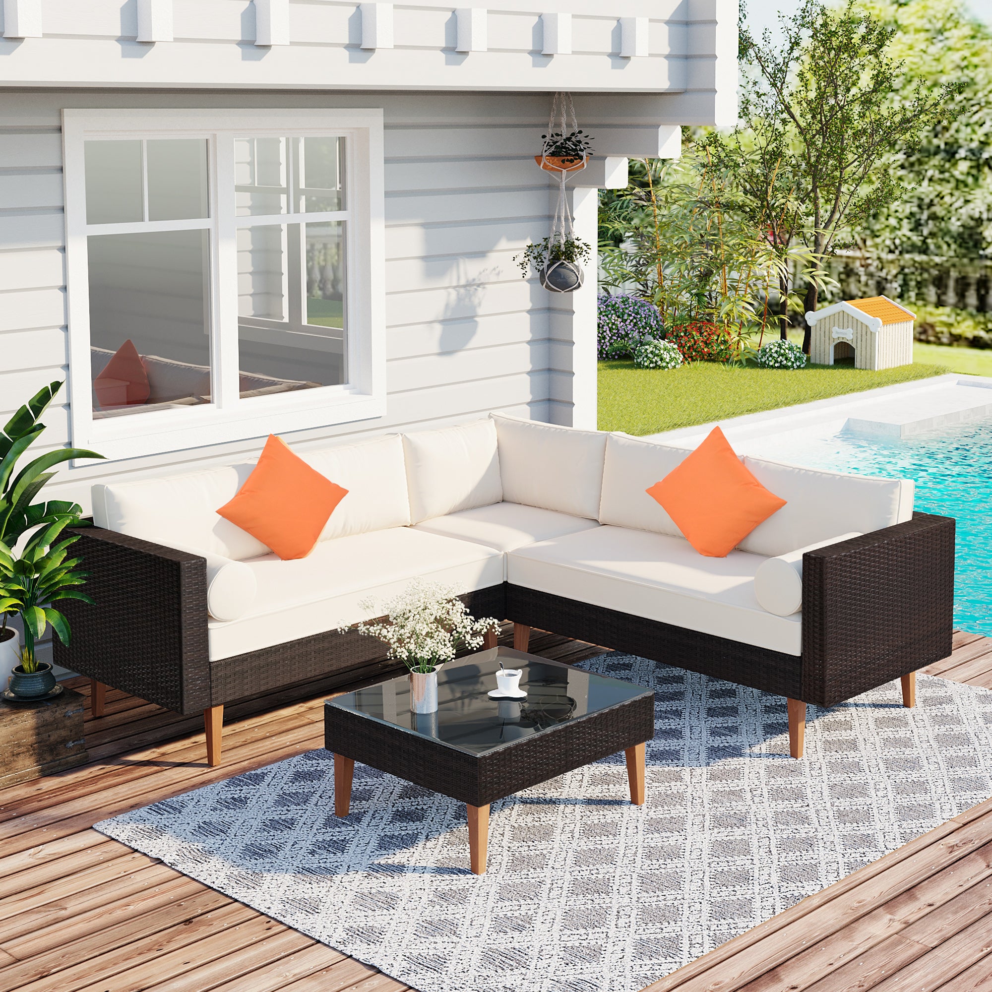 4 Pieces Outdoor Wicker Reversible Patio Sofa with cushions,Table and Colorful Pillows