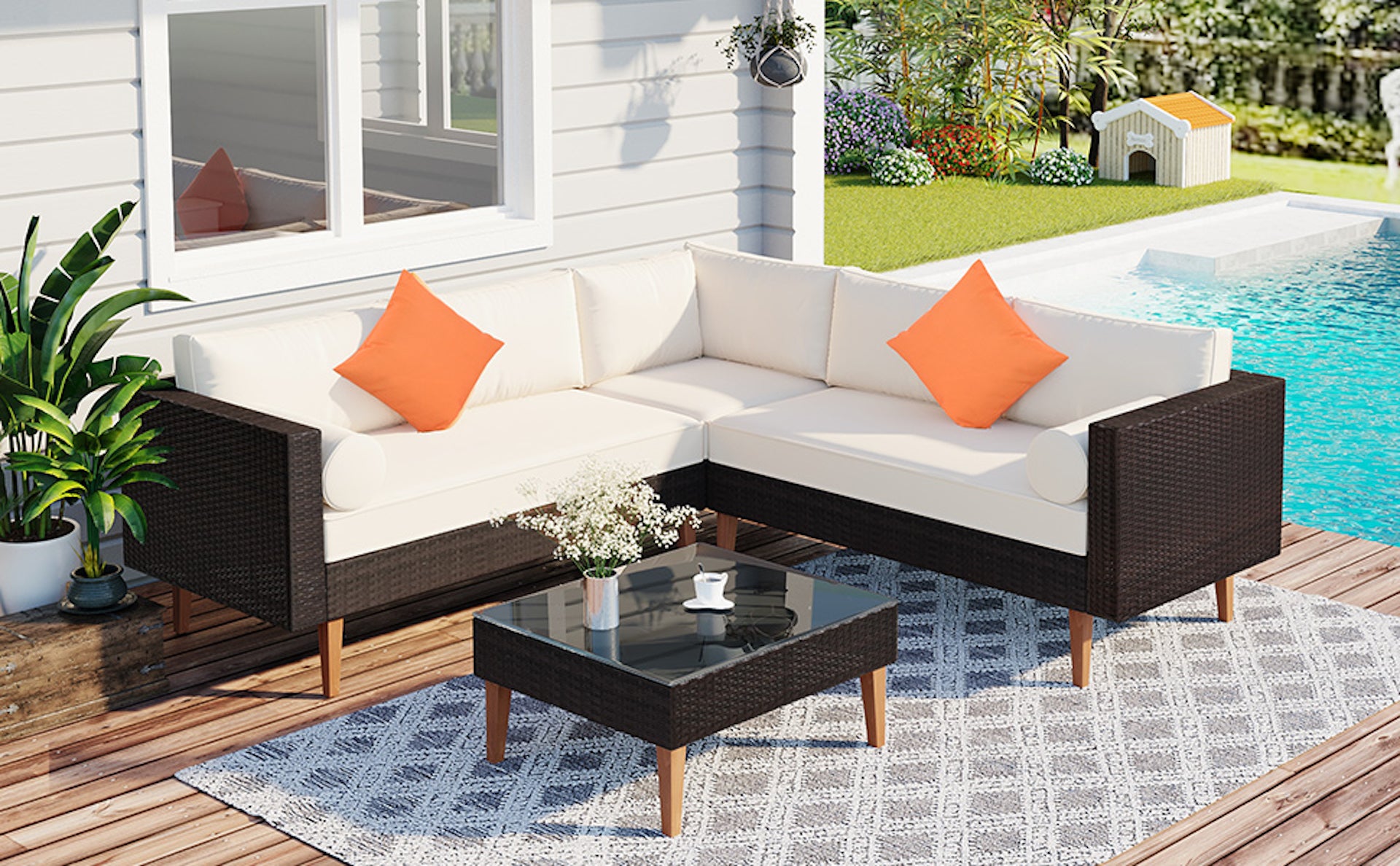 4 Pieces Outdoor Wicker Reversible Patio Sofa with cushions,Table and Colorful Pillows