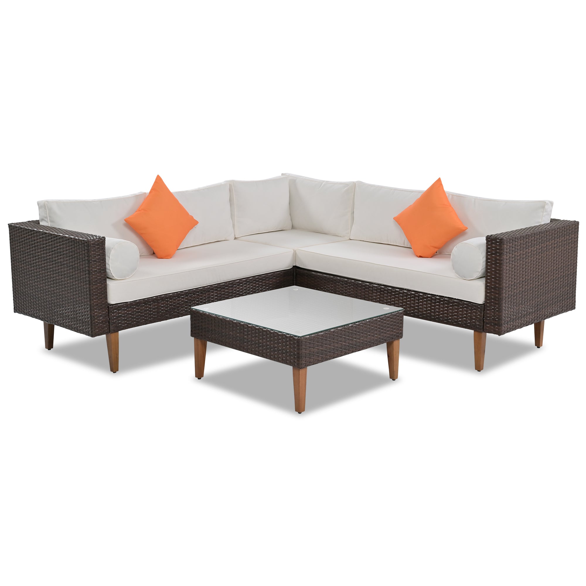 4 Pieces Outdoor Wicker Reversible Patio Sofa with cushions,Table and Colorful Pillows