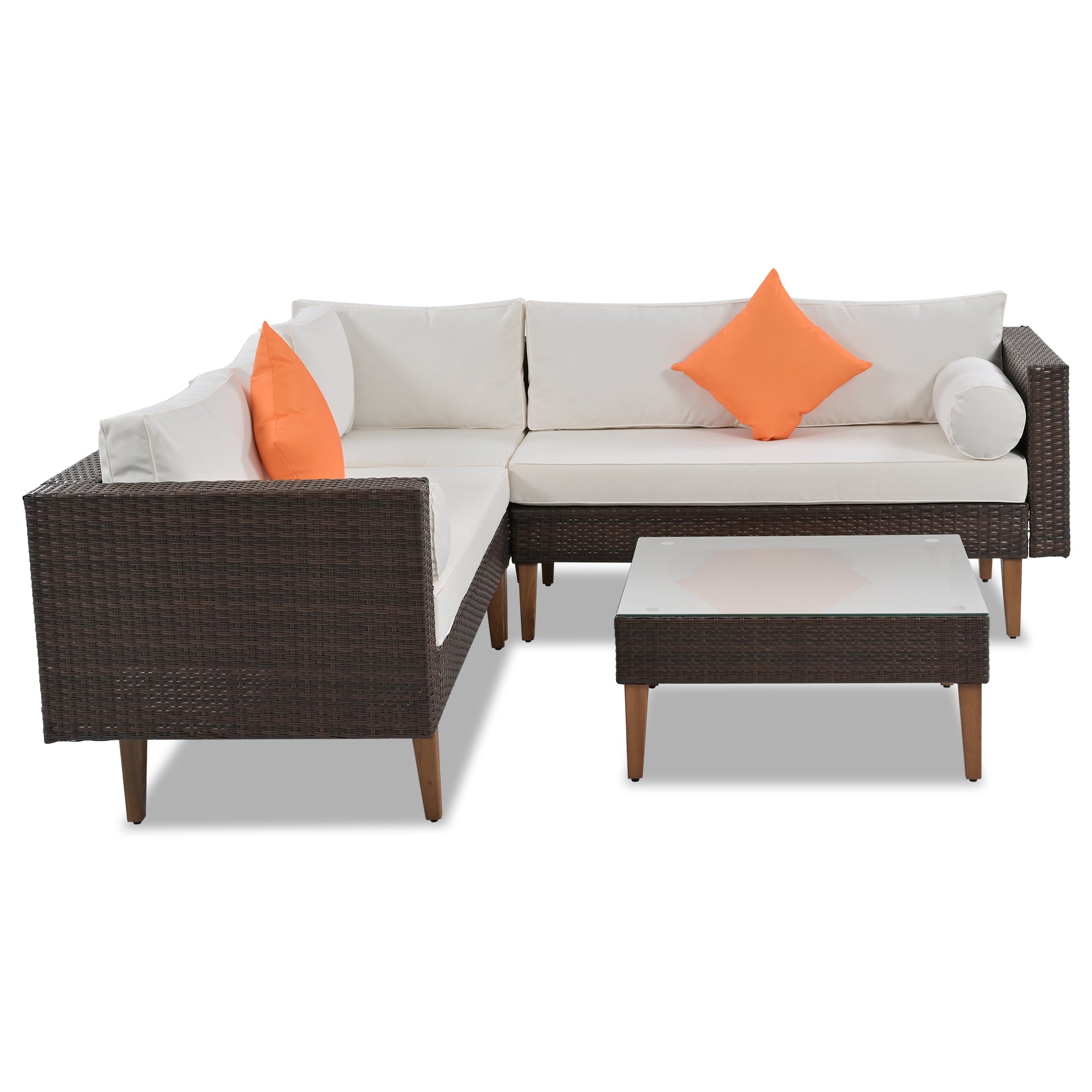 4 Pieces Outdoor Wicker Reversible Patio Sofa with cushions,Table and Colorful Pillows