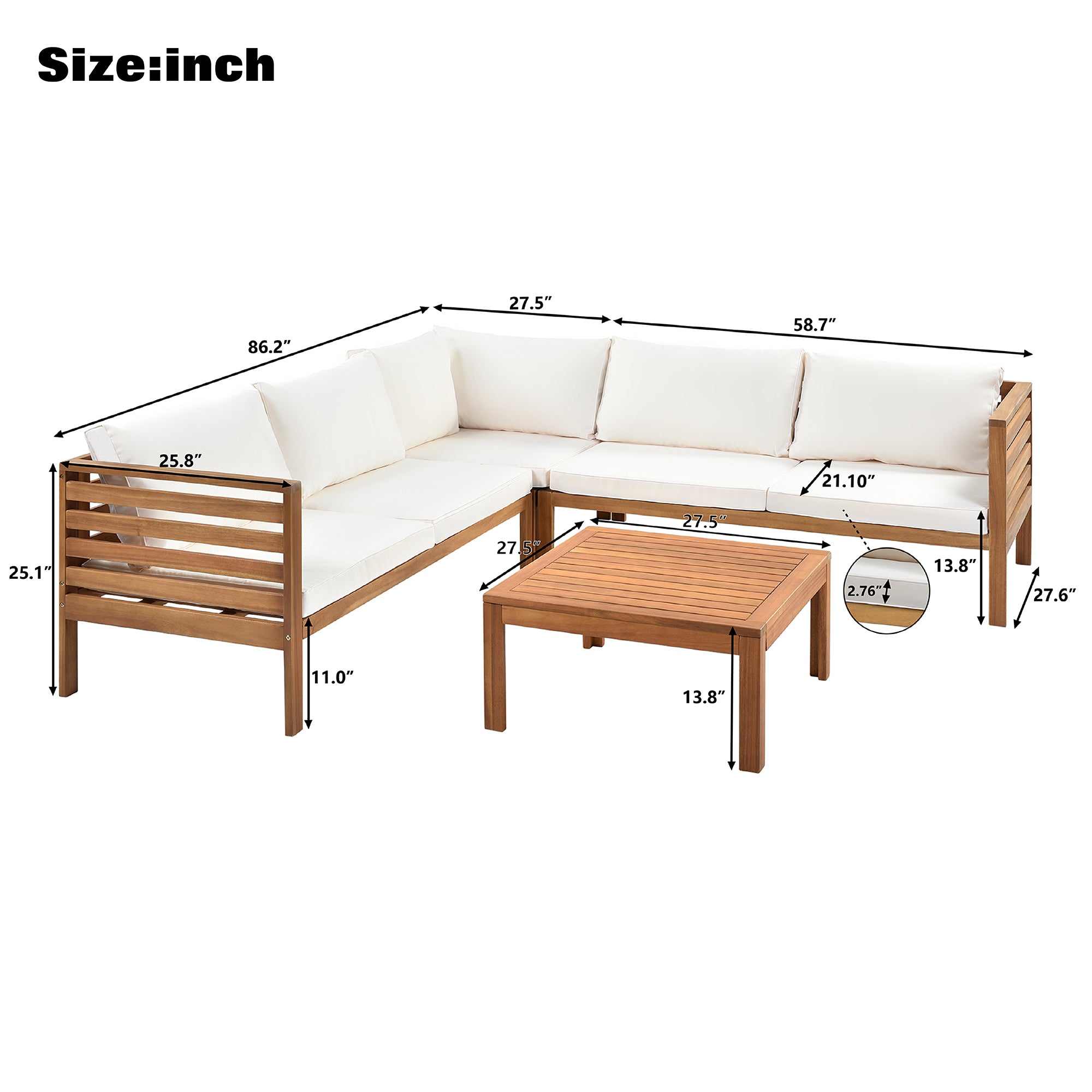 4-piece Outdoor Solid Wood  Symmetrical Patio Sofa Set with Table and Cushions