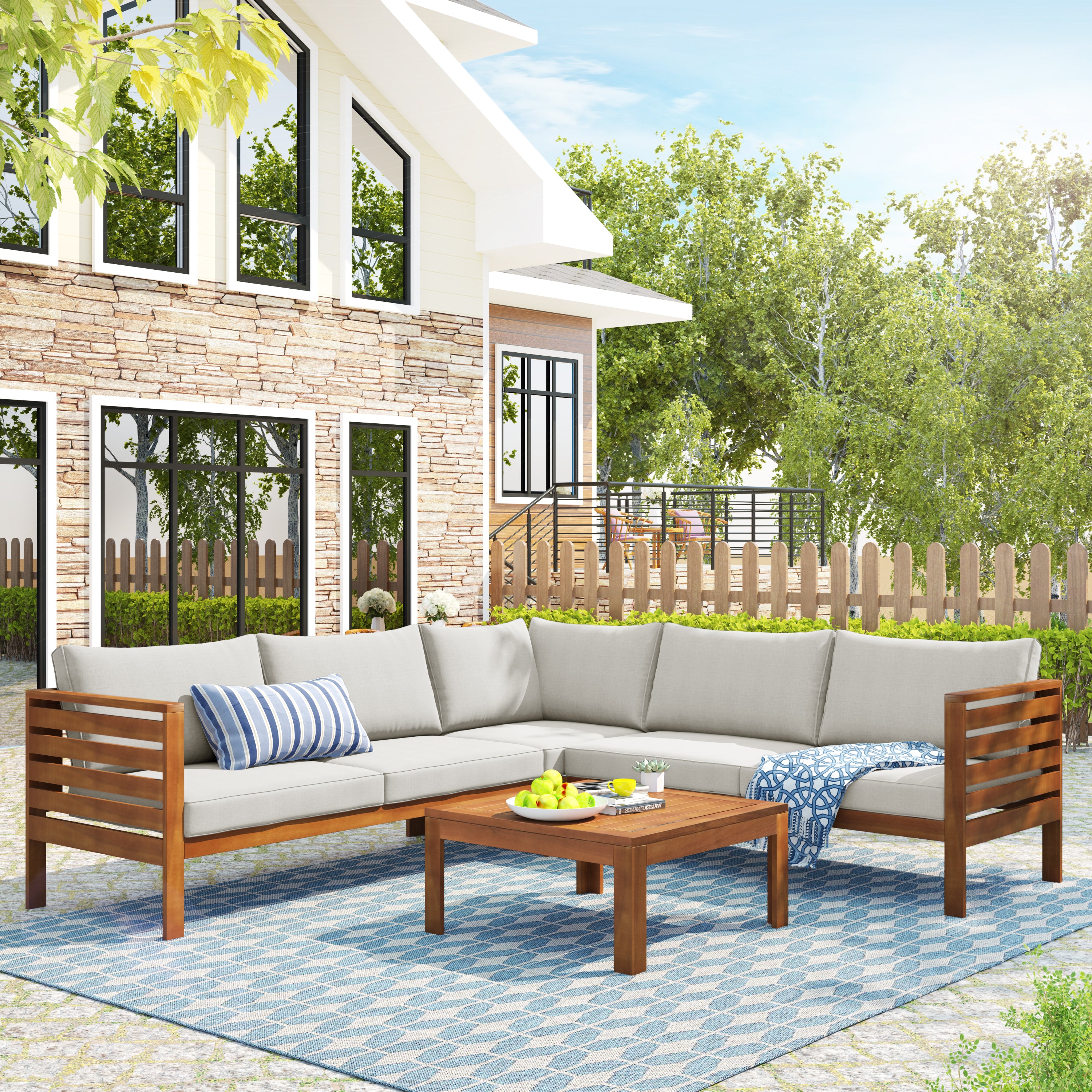 4-piece Outdoor Solid Wood  Symmetrical Patio Sofa Set with Table and Cushions