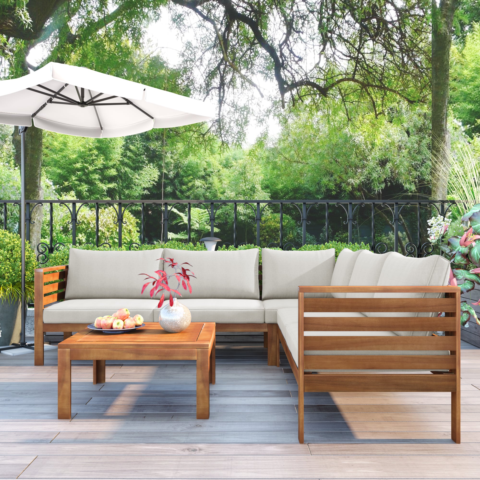 4-piece Outdoor Solid Wood  Symmetrical Patio Sofa Set with Table and Cushions