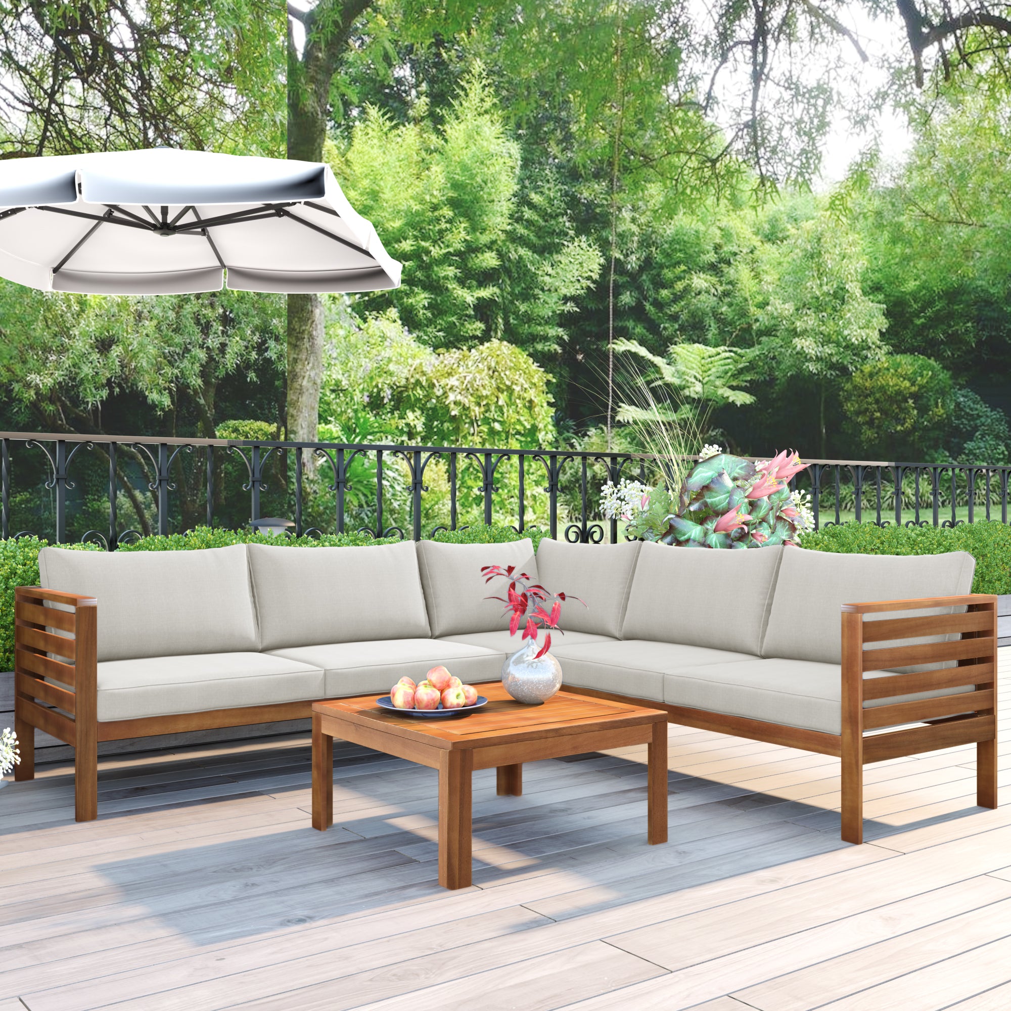 4-piece Outdoor Solid Wood  Symmetrical Patio Sofa Set with Table and Cushions
