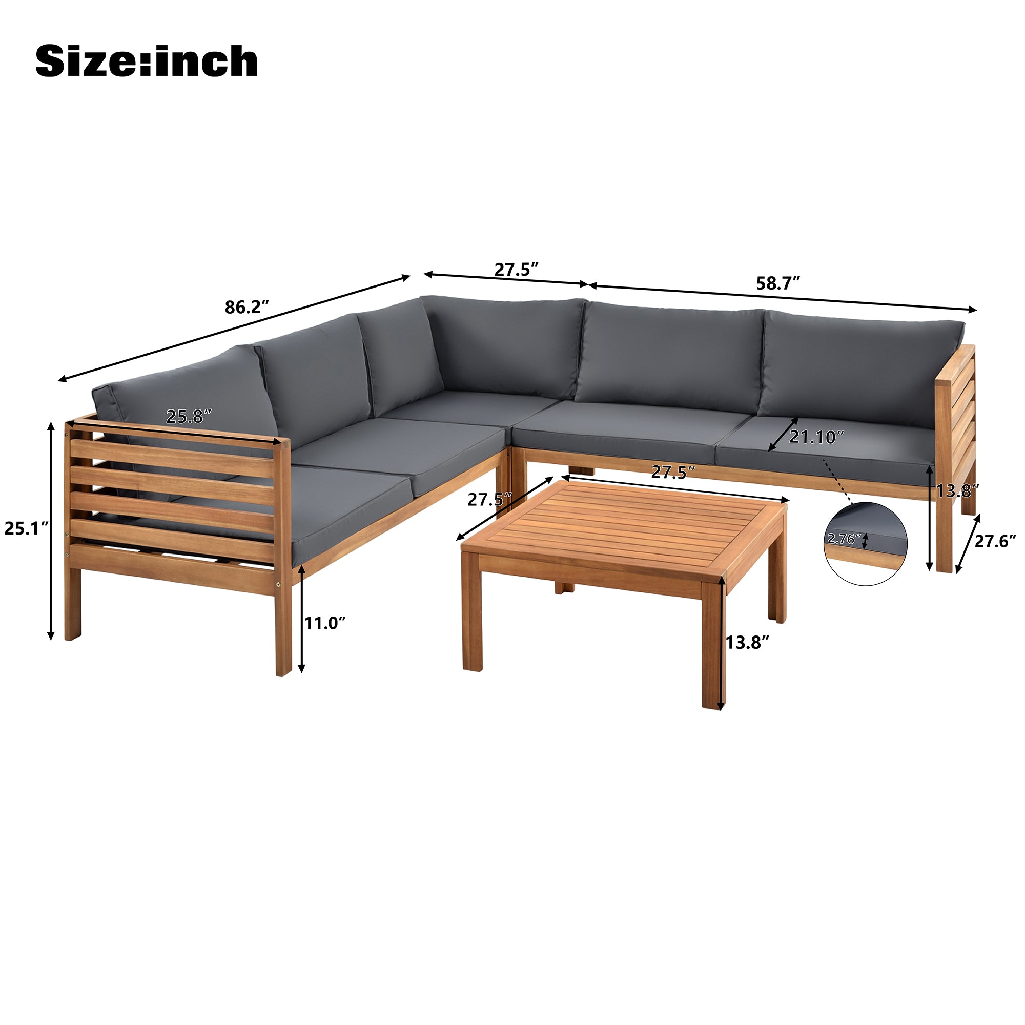 4-piece Outdoor Solid Wood  Symmetrical Patio Sofa Set with Table and Cushions