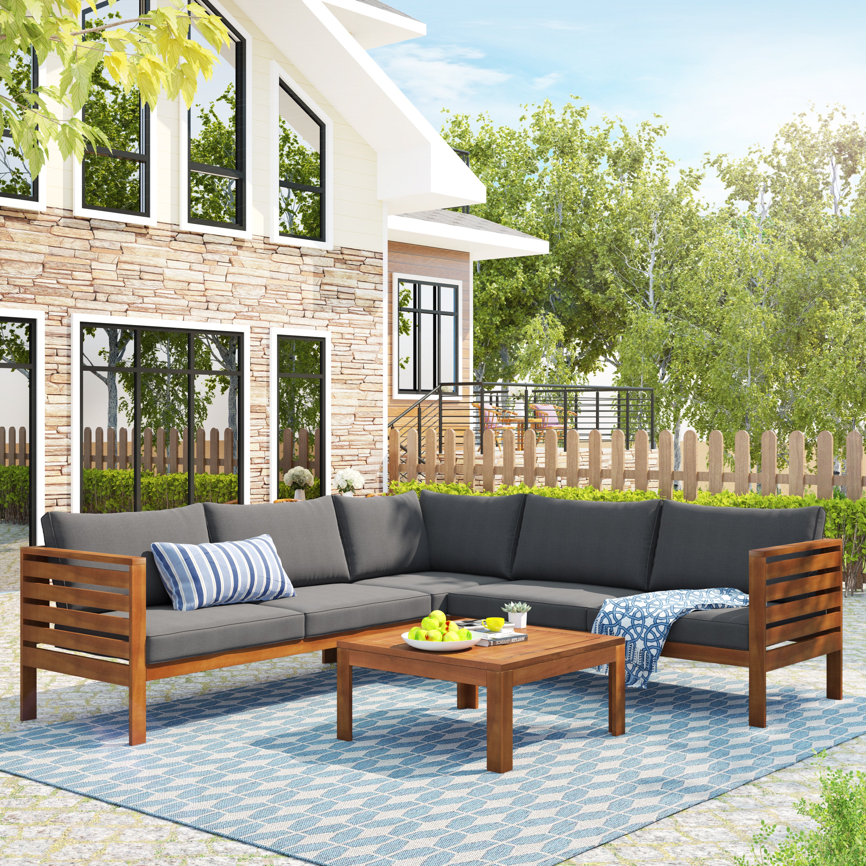 4-piece Outdoor Solid Wood  Symmetrical Patio Sofa Set with Table and Cushions