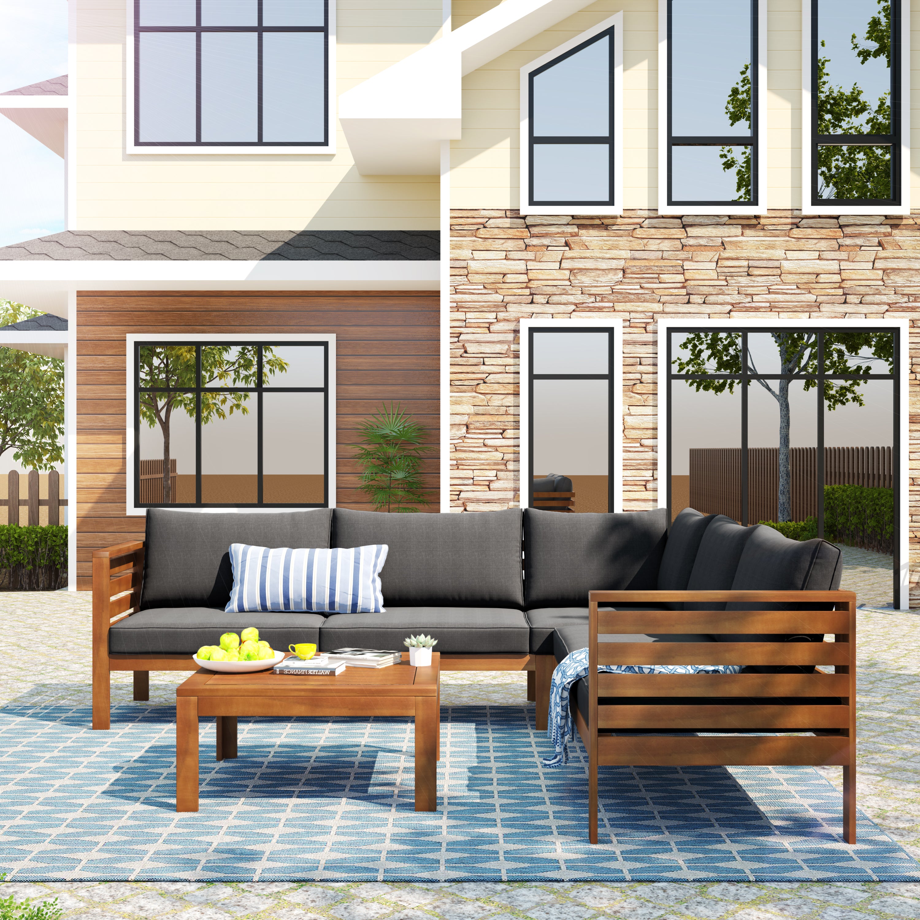 4-piece Outdoor Solid Wood  Symmetrical Patio Sofa Set with Table and Cushions