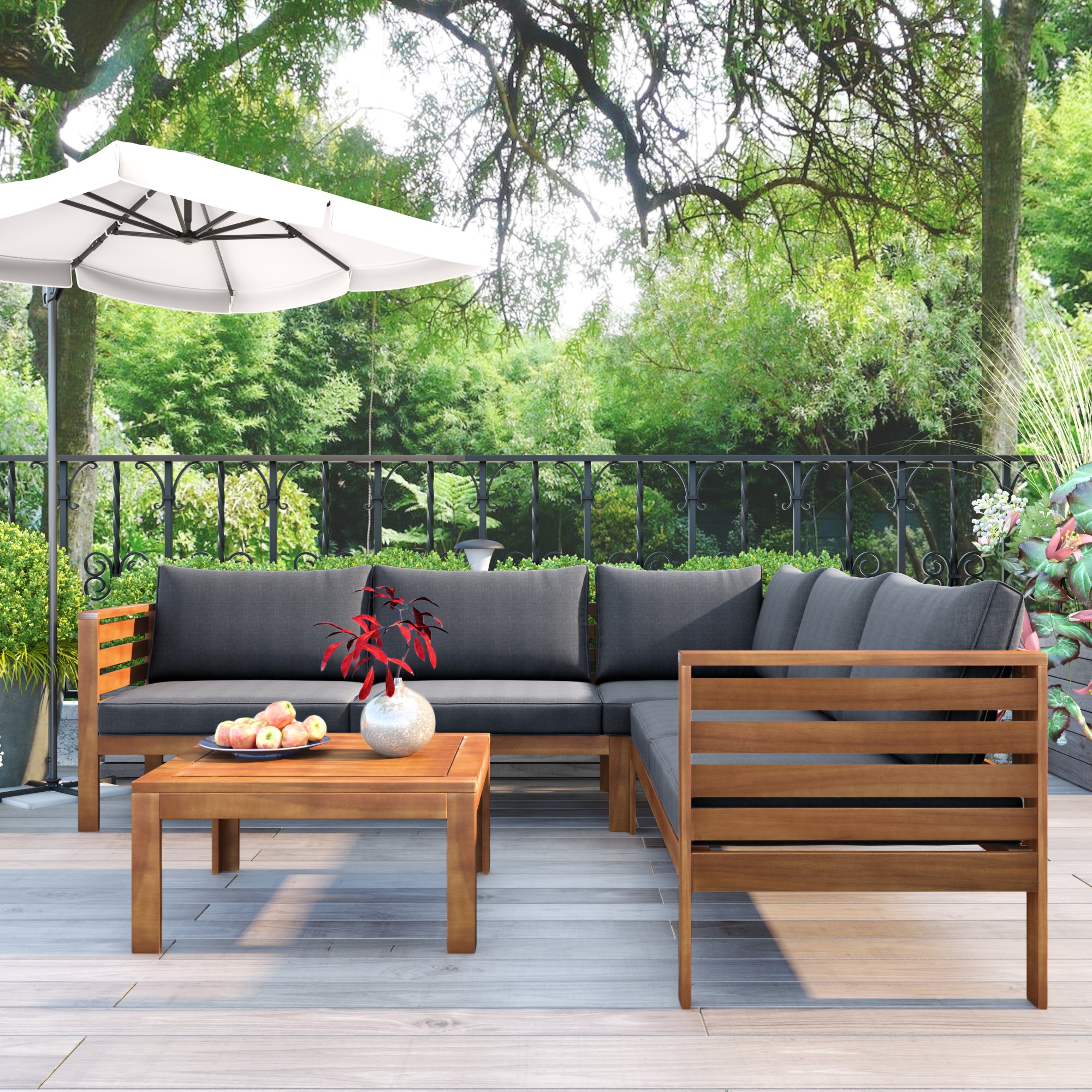 4-piece Outdoor Solid Wood  Symmetrical Patio Sofa Set with Table and Cushions